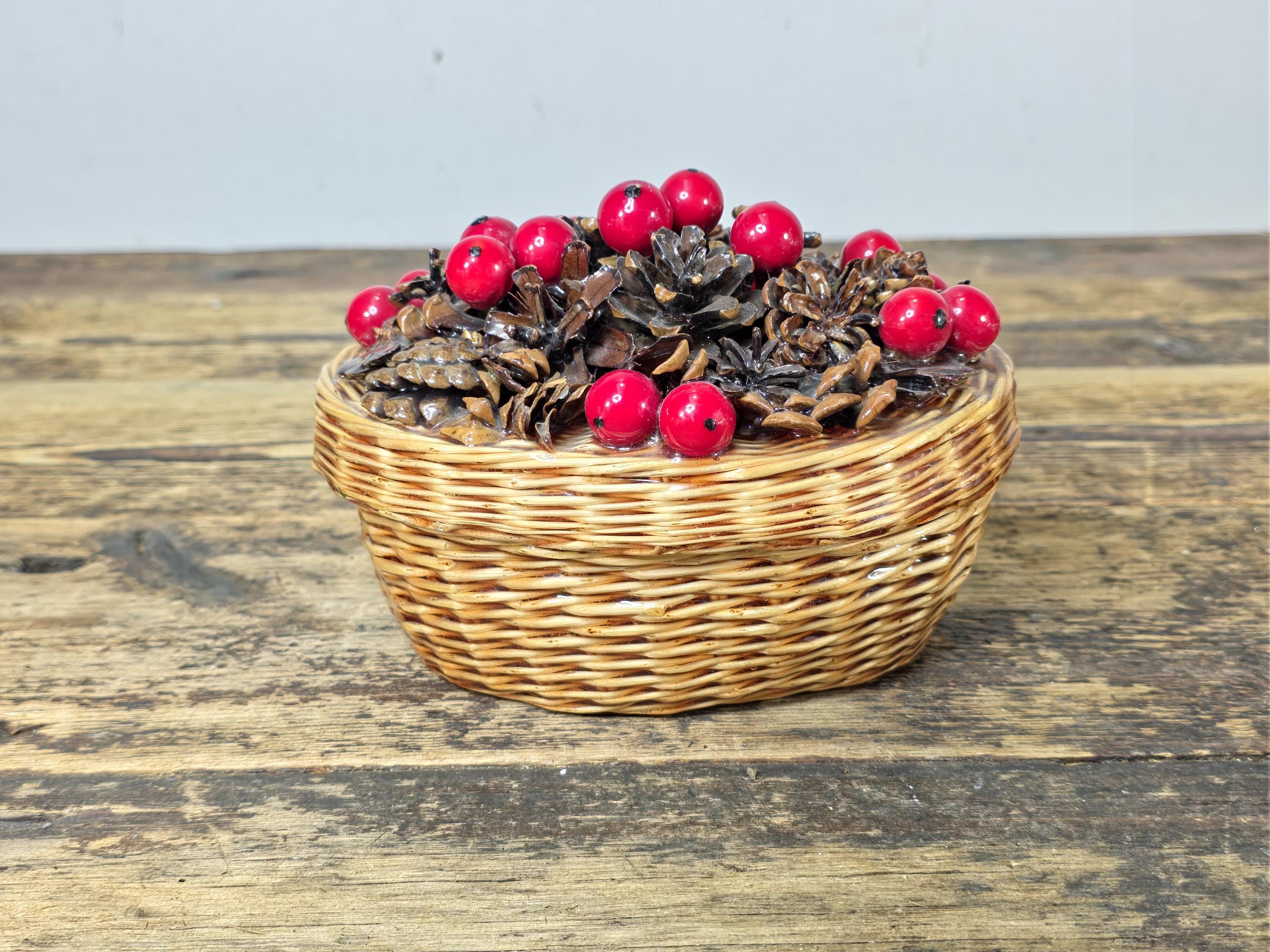 Vintage Resin Coated Wicker Basket with Pinecones and Red Berries Lid