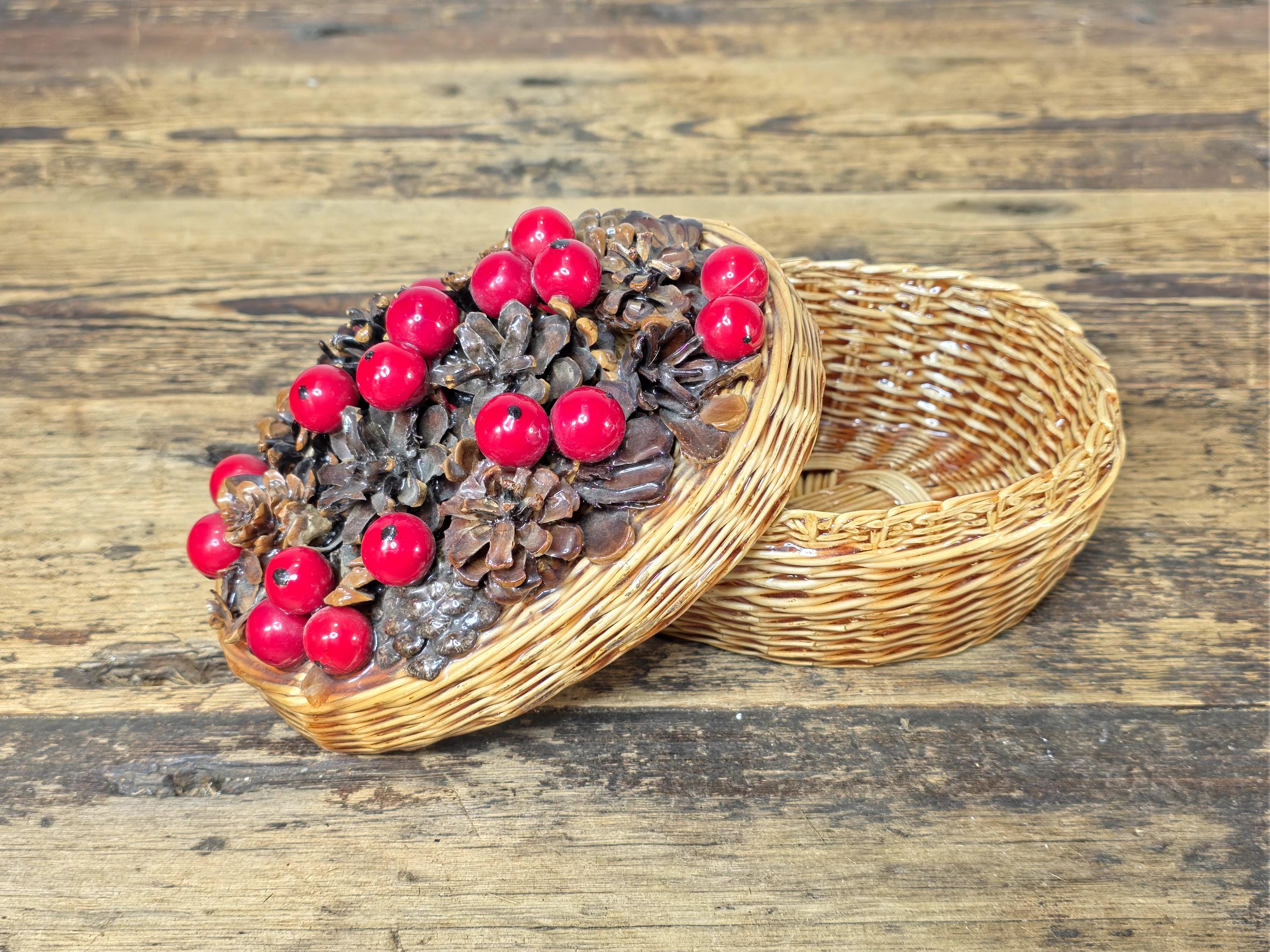 Vintage Resin Coated Wicker Basket with Pinecones and Red Berries Lid