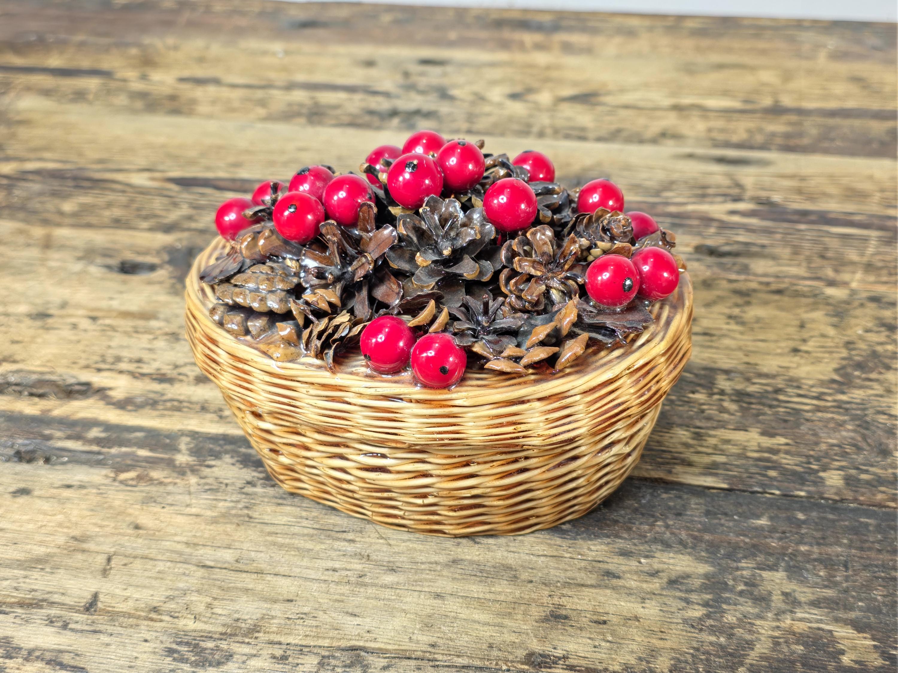 Vintage Resin Coated Wicker Basket with Pinecones and Red Berries Lid