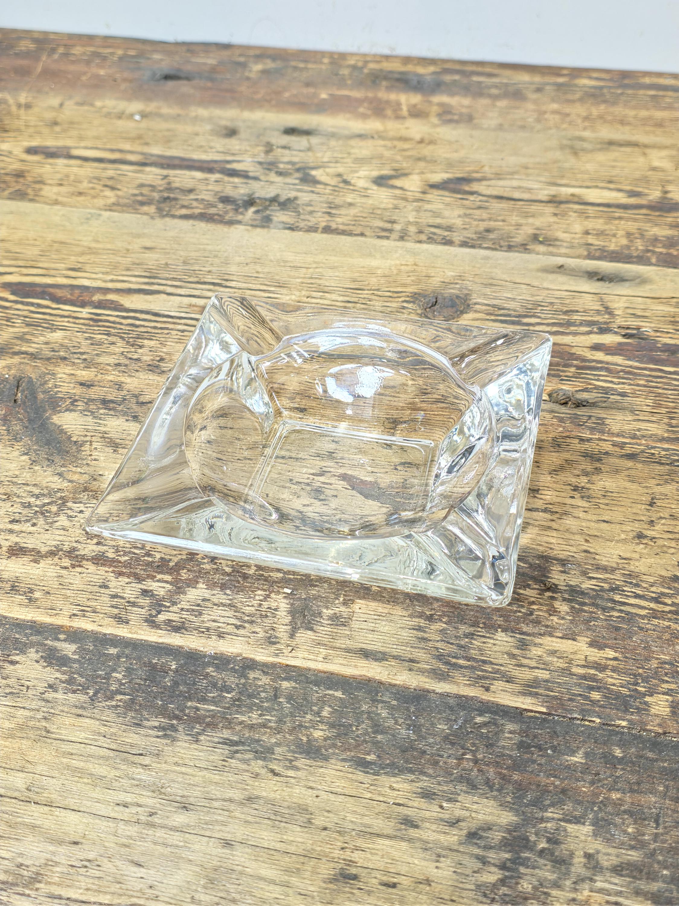 Vintage Clear Glass Ashtray 4.5" Square – Mid-Century Modern Heavy Glass