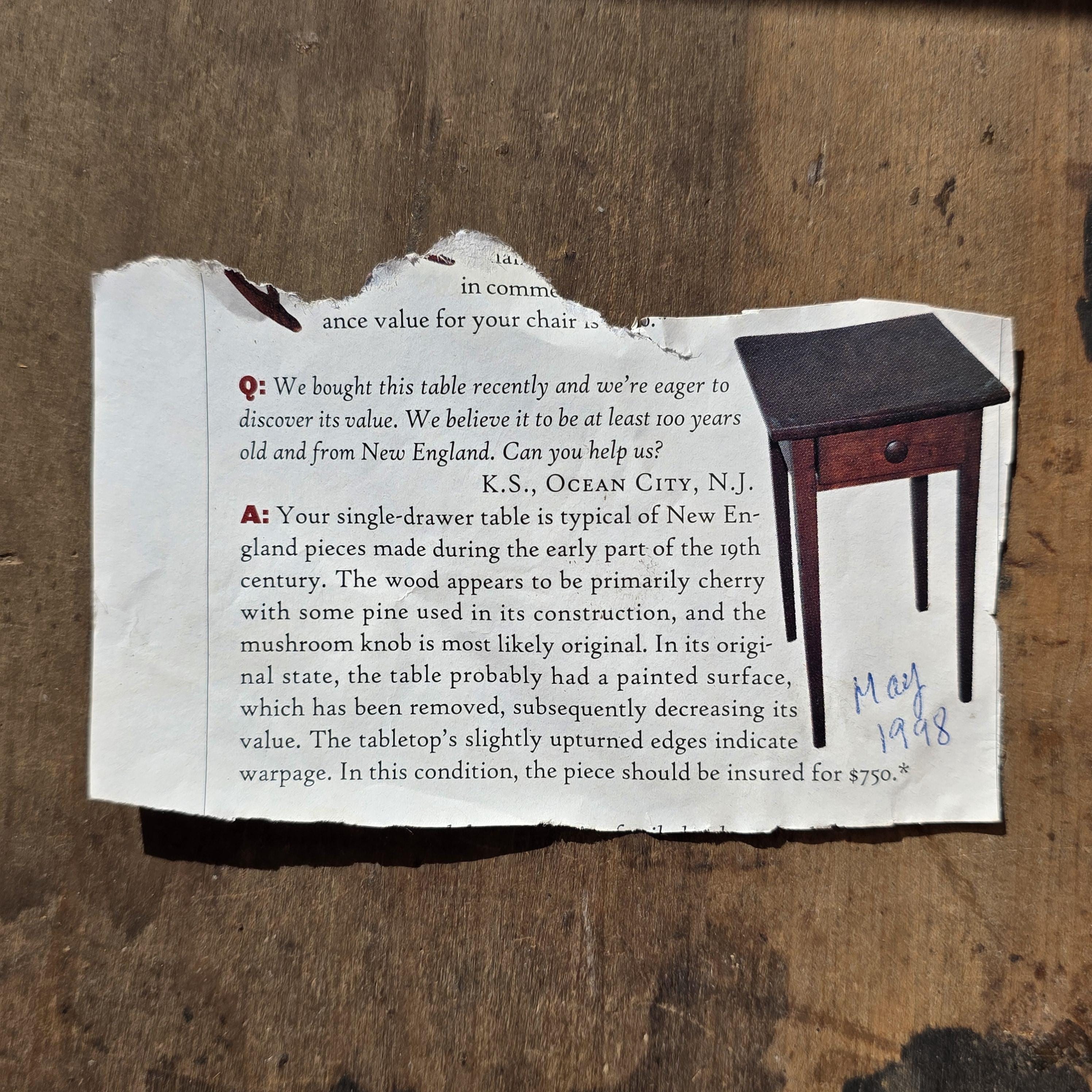 Antique New England Cherry One-Drawer Work Table c.1820s Original Mushroom Knob