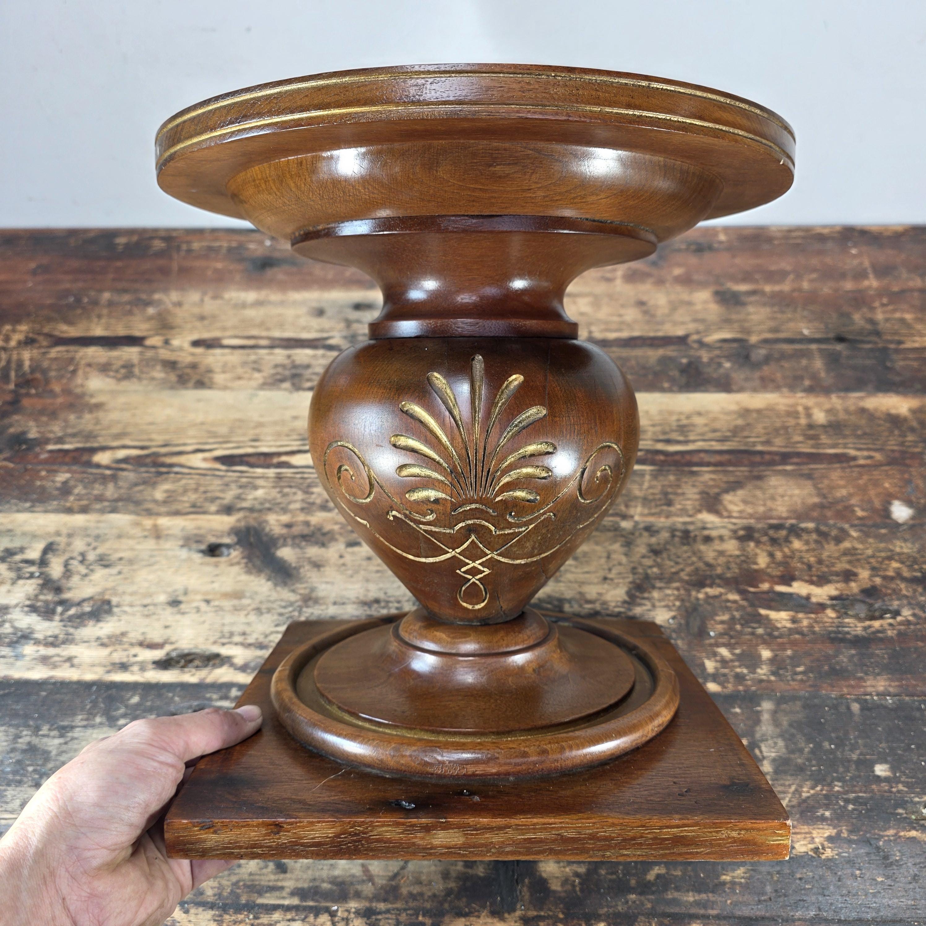 Vintage Hand-Carved Wooden Pedestal / Plant Stand — Mahogany Tone Finish 12"T