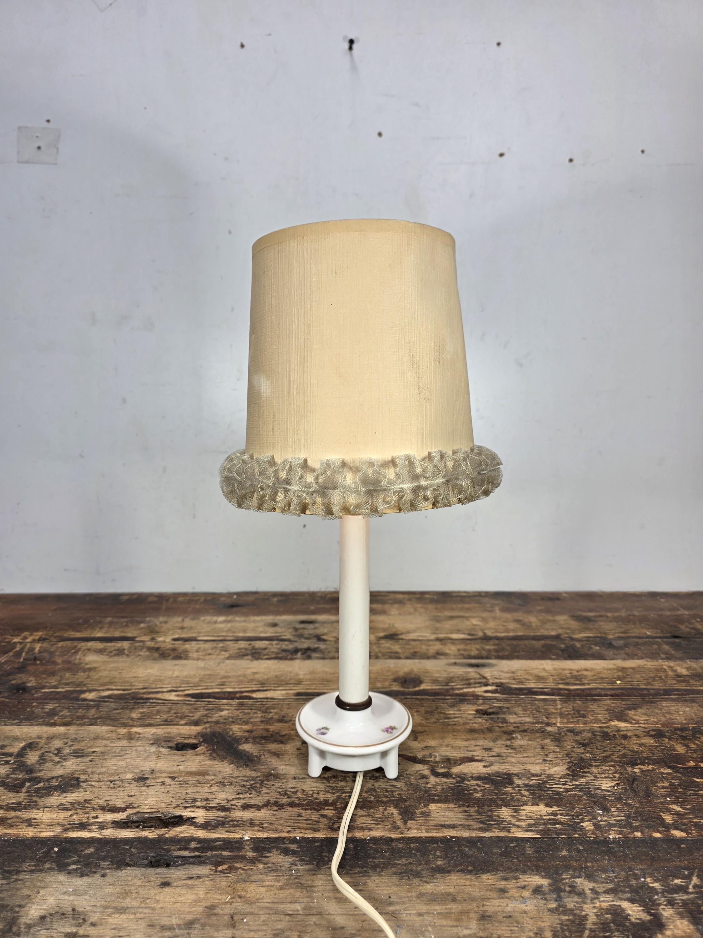 Vintage Porcelain Table Lamp with Original Fabric Shade – 1950s Floral Design