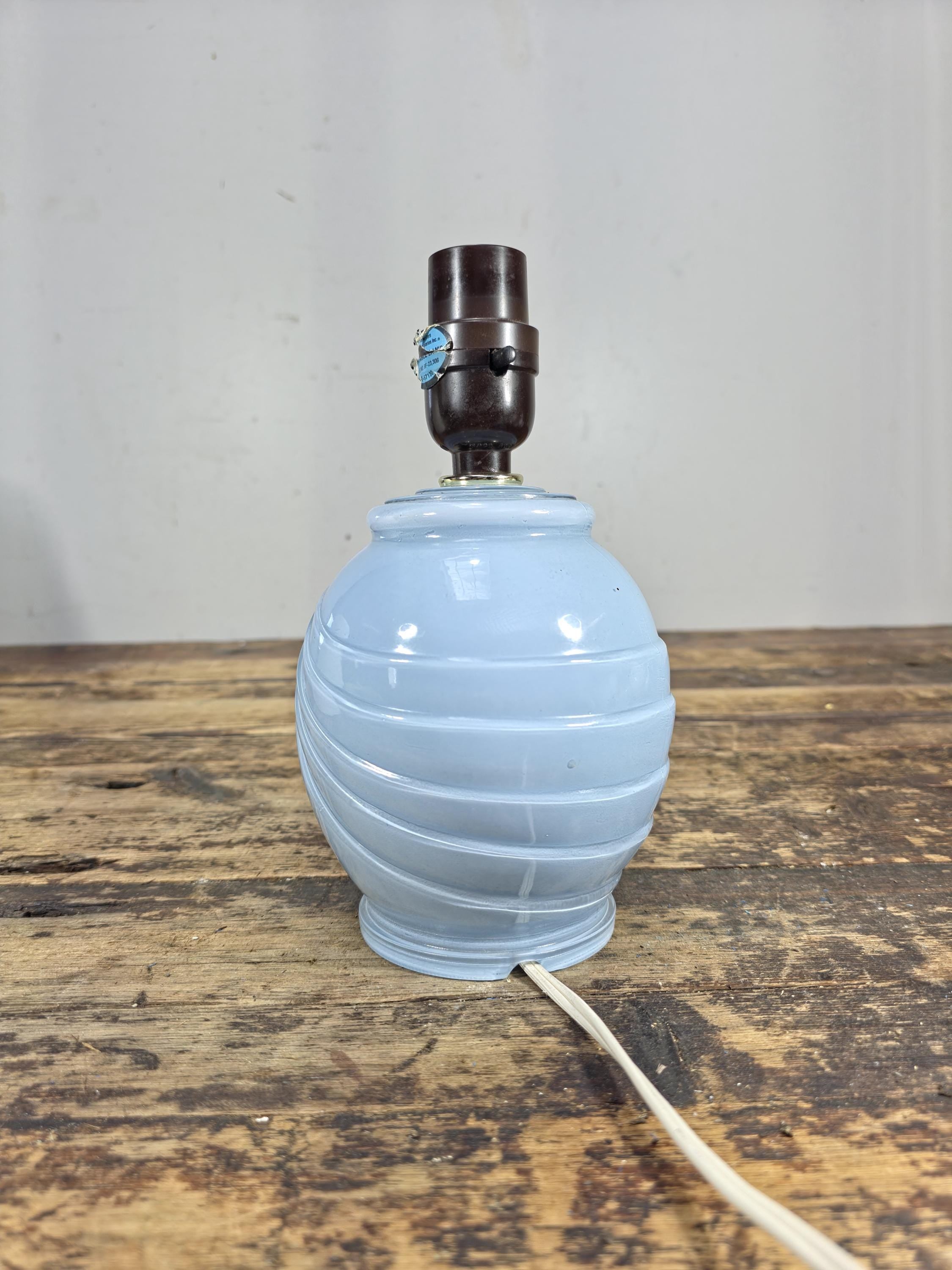 Mid-Century Blue Swirl Glass Table Lamp with Shade 14"T