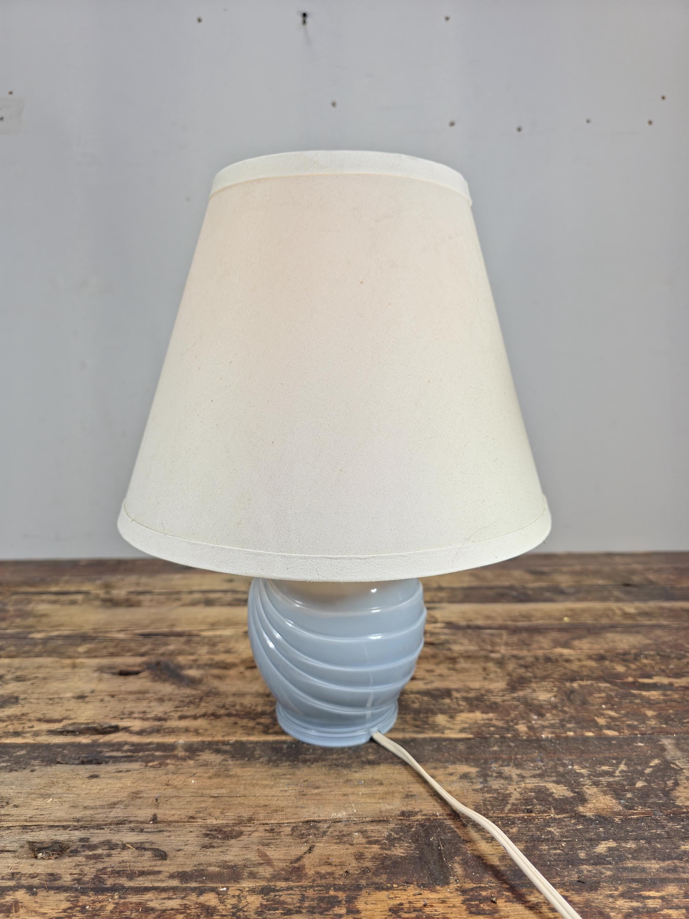 Mid-Century Blue Swirl Glass Table Lamp with Shade 14"T