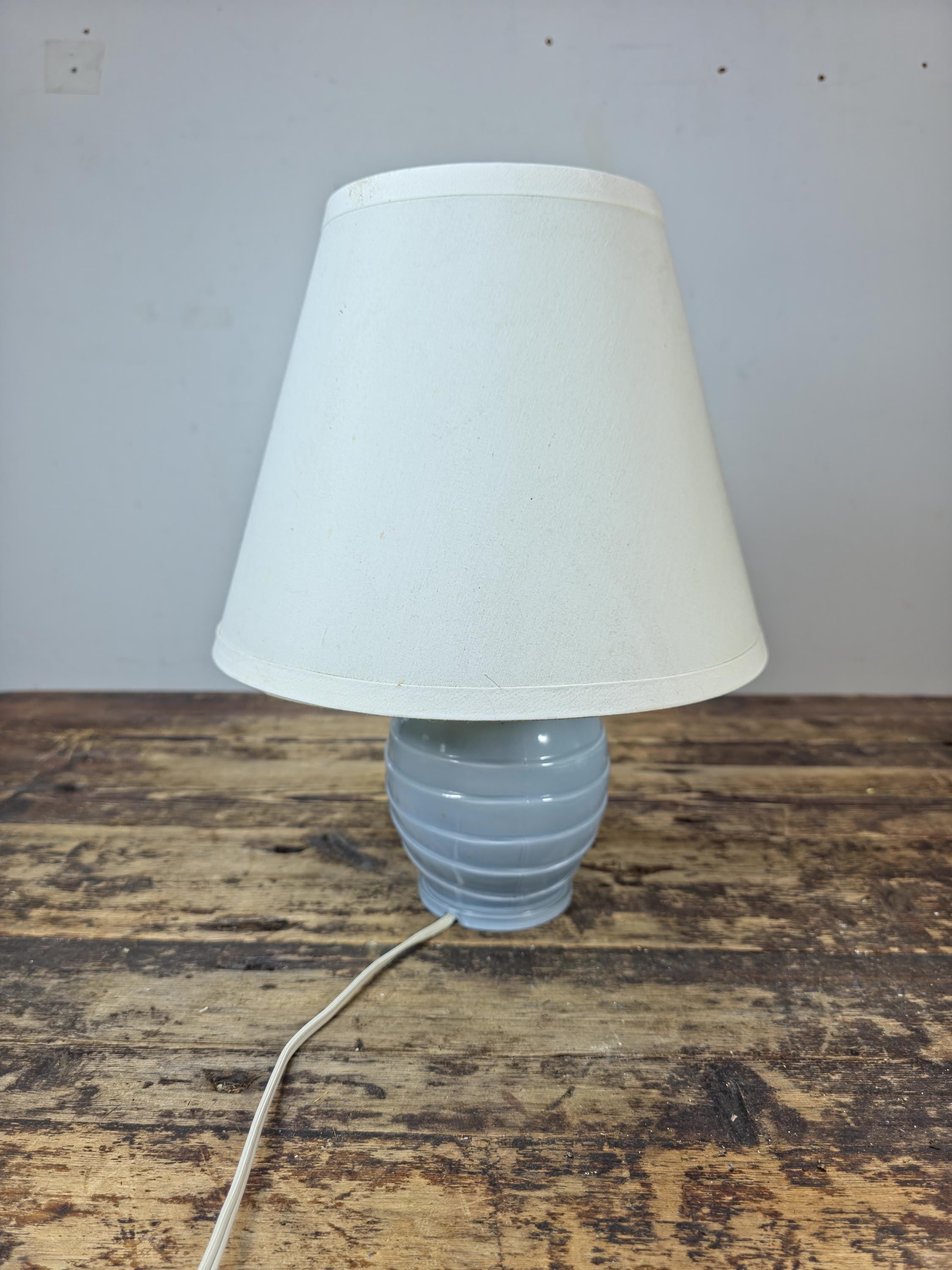 Mid-Century Blue Swirl Glass Table Lamp with Shade 14"T