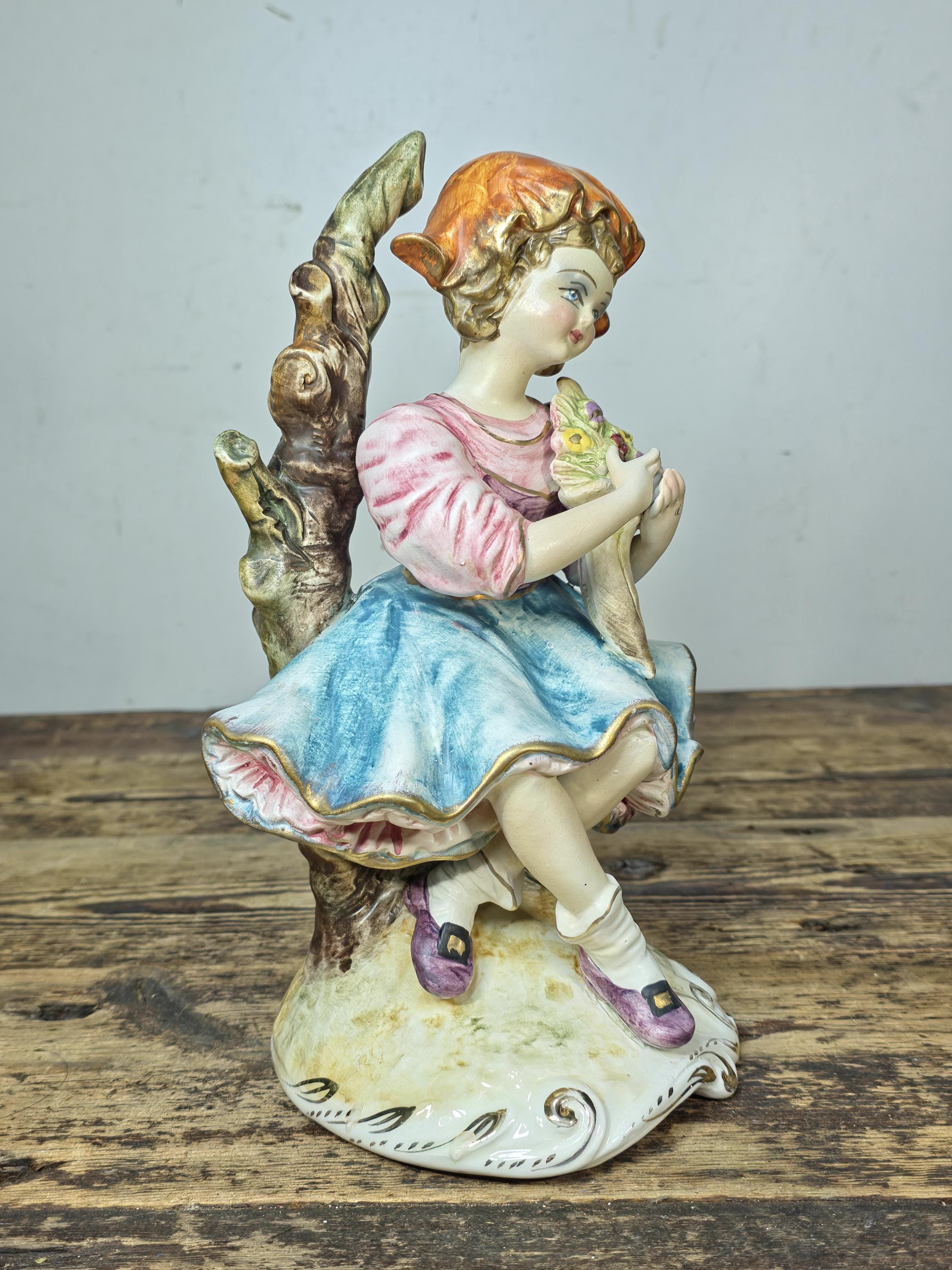 Vintage Italian Porcelain Girl Figurine — Capodimonte Style, Crown N Mark 10.5"T