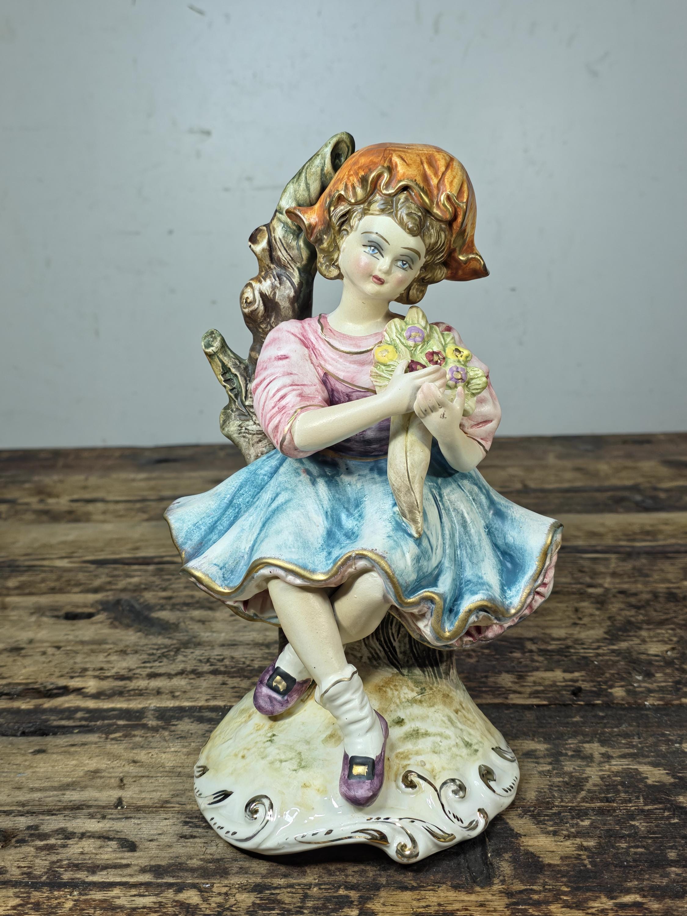 Vintage Italian Porcelain Girl Figurine — Capodimonte Style, Crown N Mark 10.5"T