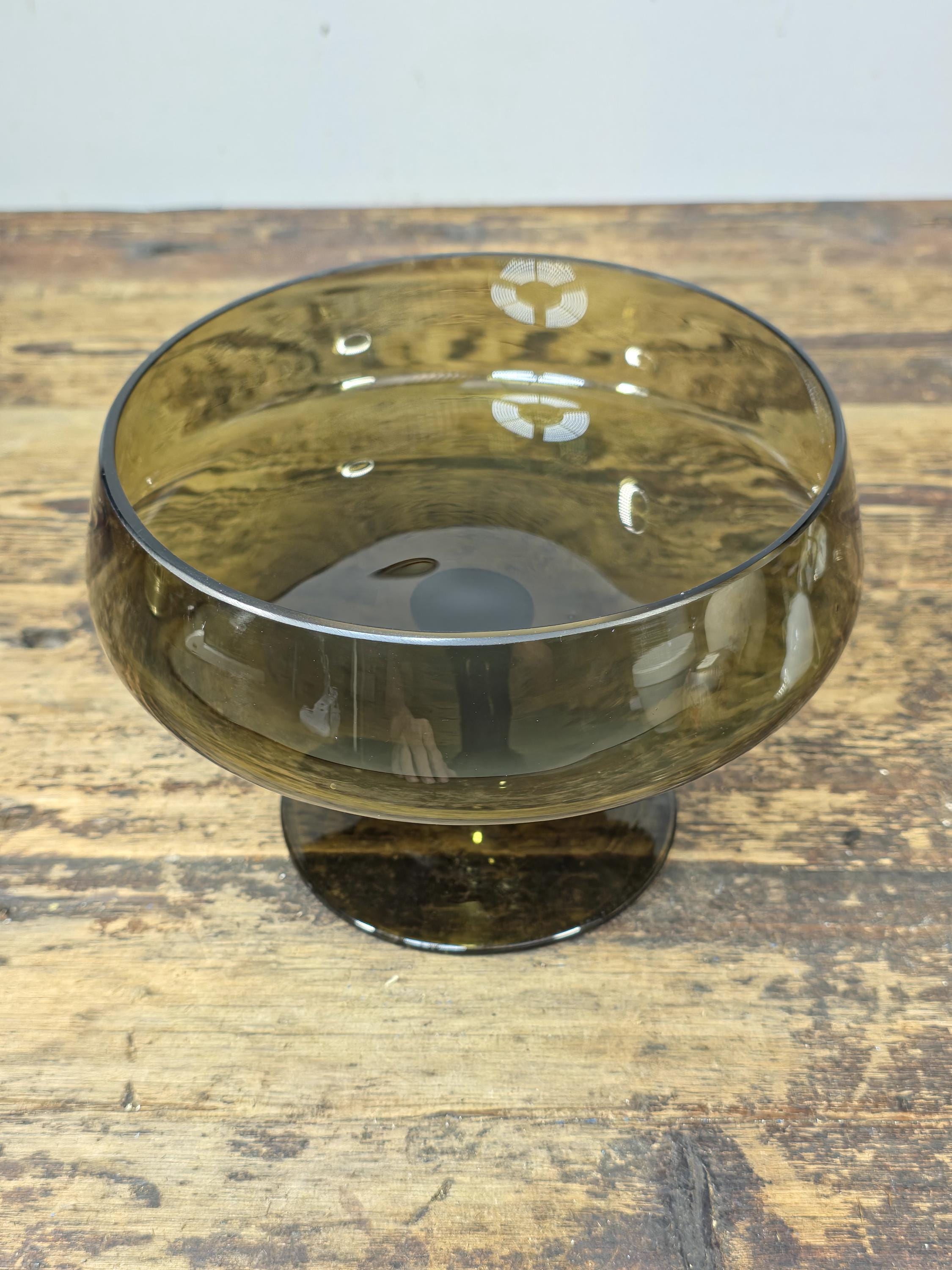 Vintage Olive Green Art Glass Compote Bowl Hand Blown Mid-Century Pedestal Dish