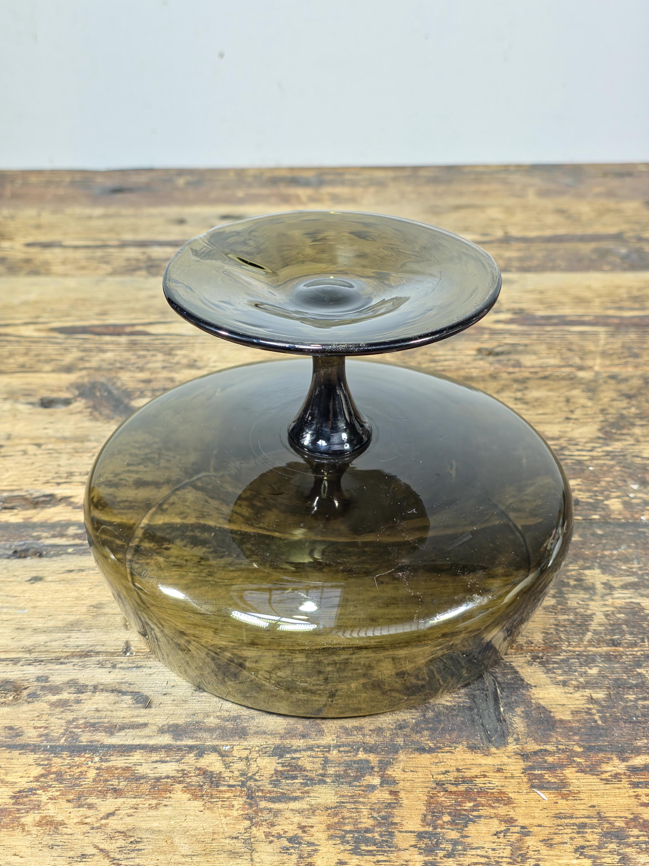 Vintage Olive Green Art Glass Compote Bowl Hand Blown Mid-Century Pedestal Dish