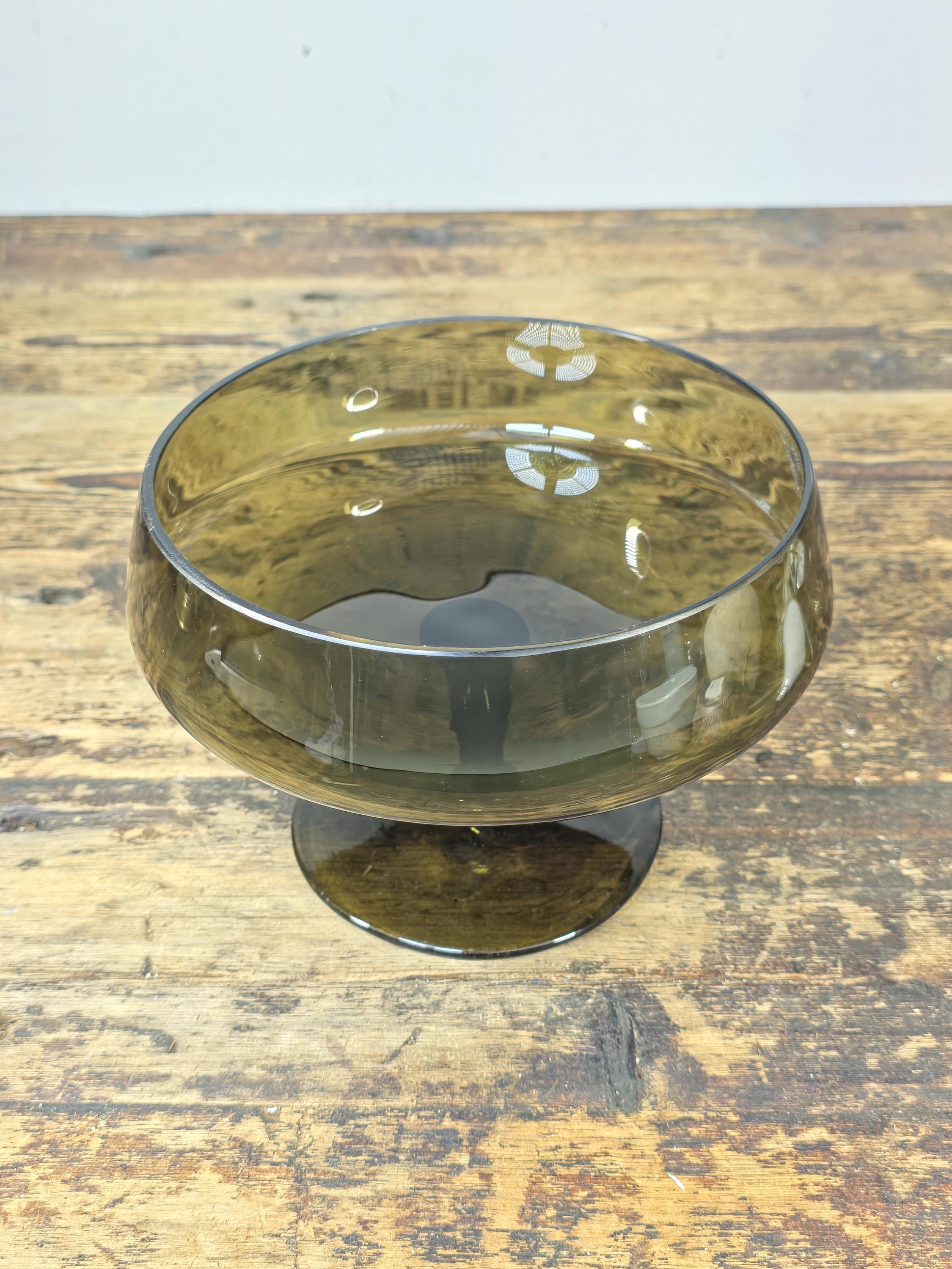 Vintage Olive Green Art Glass Compote Bowl Hand Blown Mid-Century Pedestal Dish
