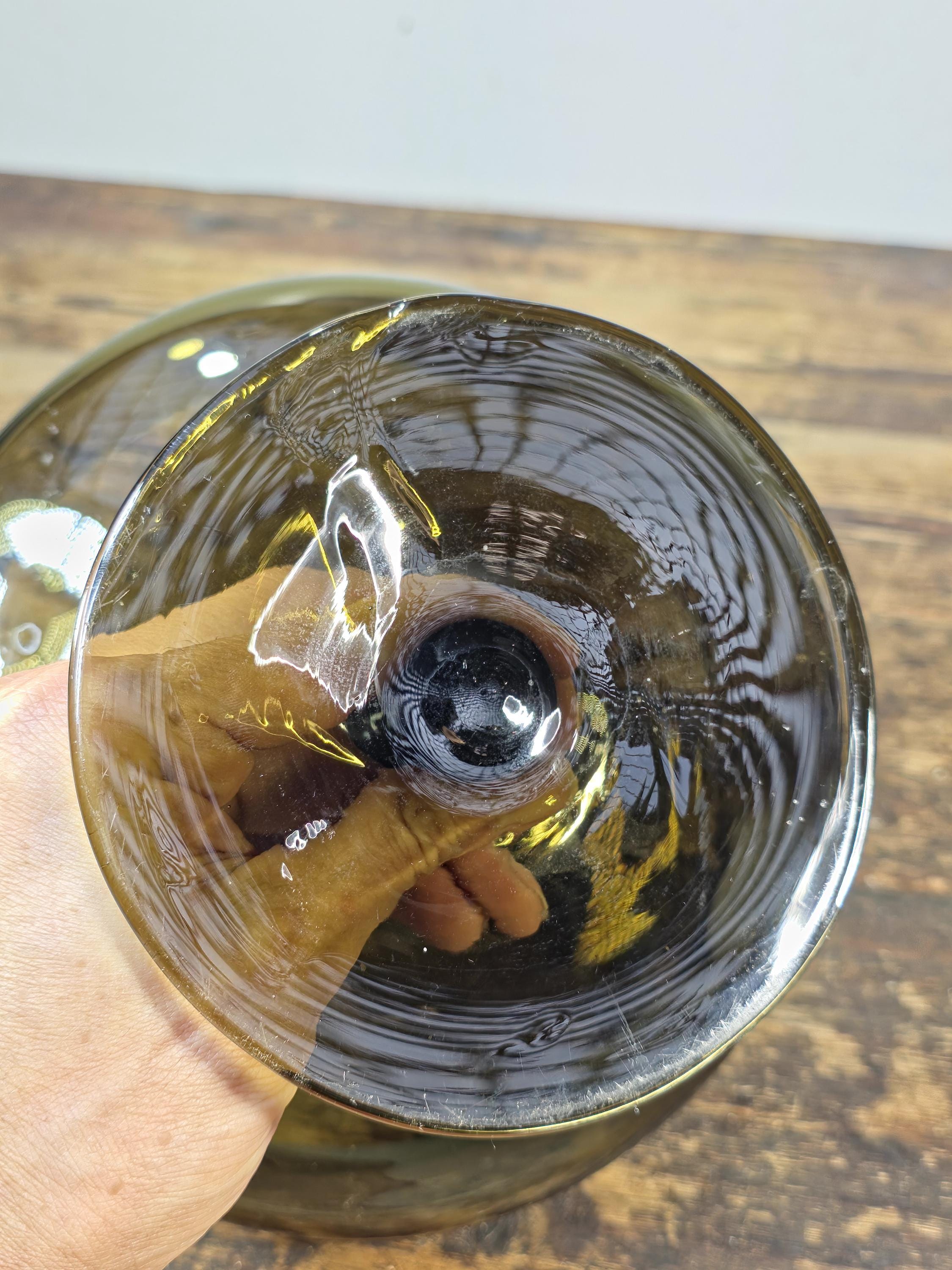 Vintage Olive Green Art Glass Compote Bowl Hand Blown Mid-Century Pedestal Dish