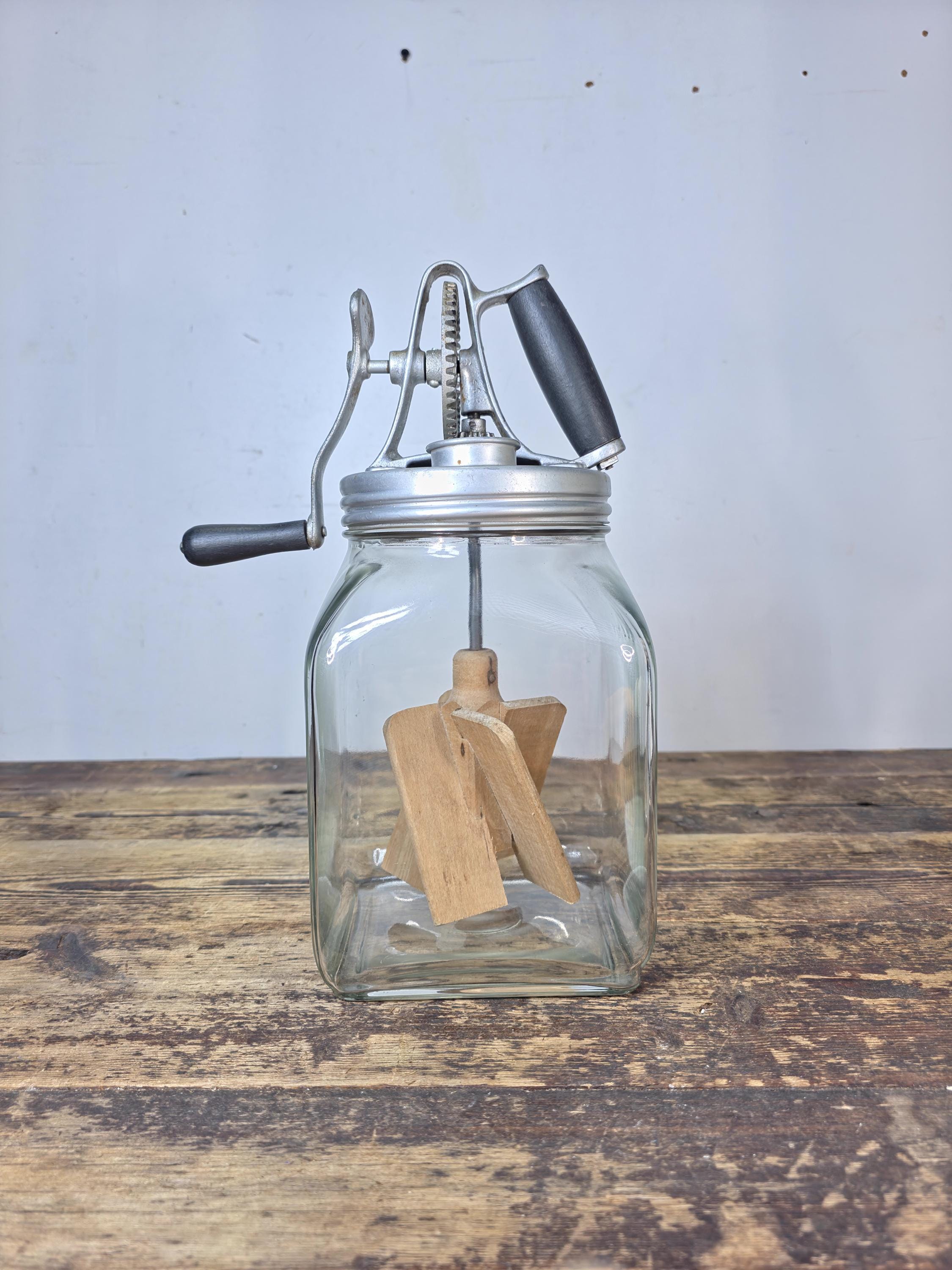 Vintage 4-Quart Glass Butter Churn with Hand-Crank Gear — FC Marked