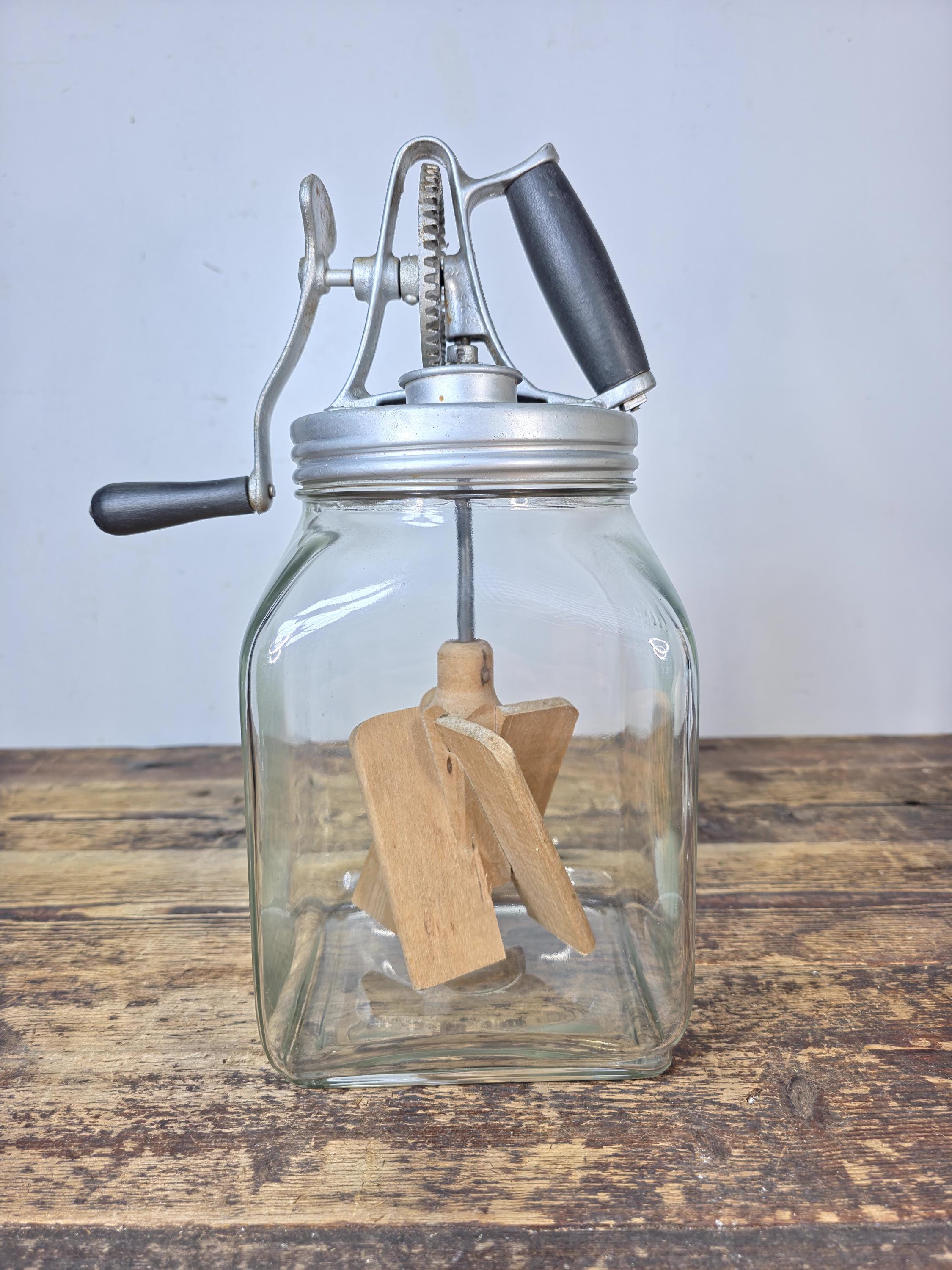 Vintage 4-Quart Glass Butter Churn with Hand-Crank Gear — FC Marked