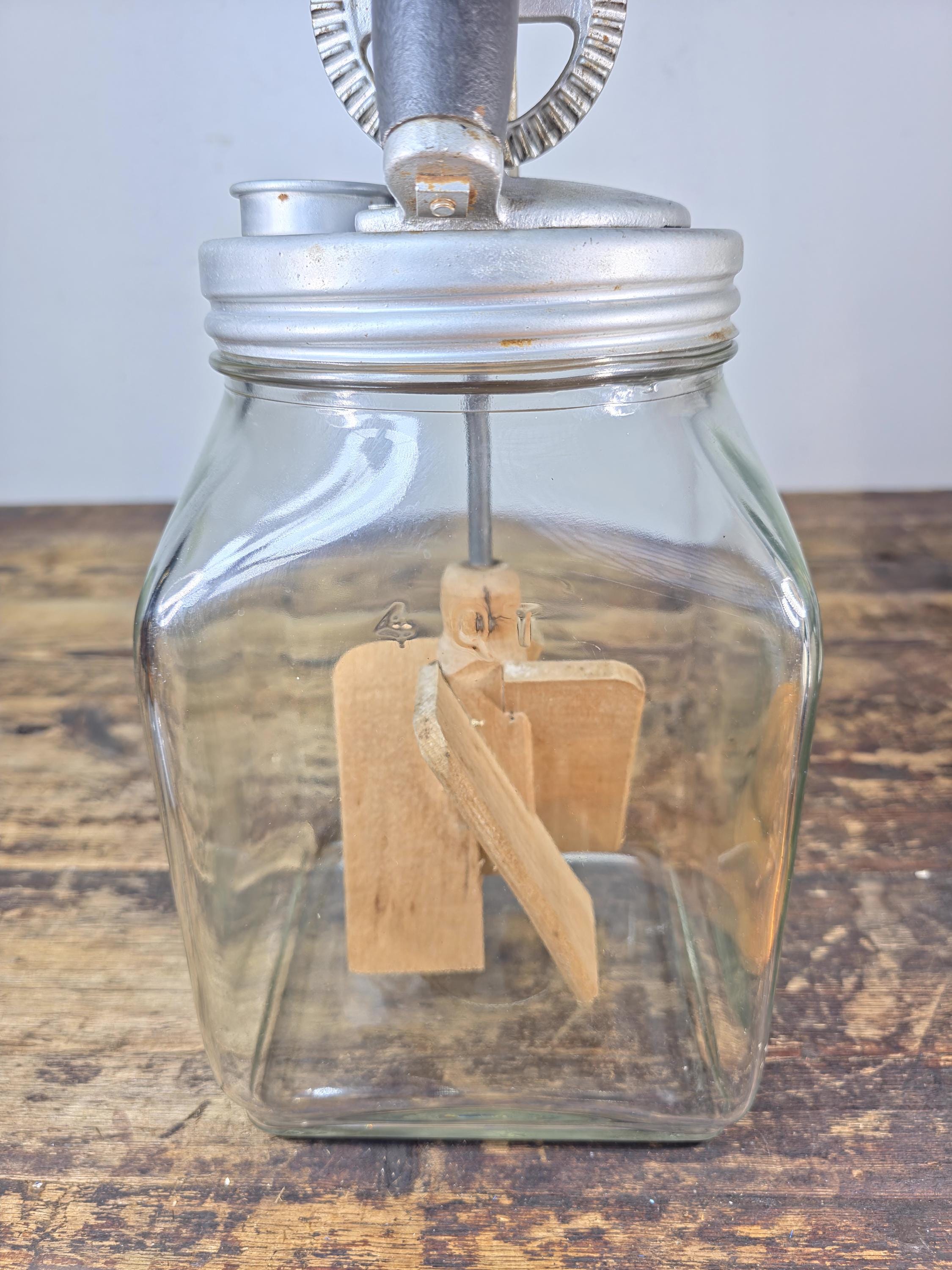 Vintage 4-Quart Glass Butter Churn with Hand-Crank Gear — FC Marked