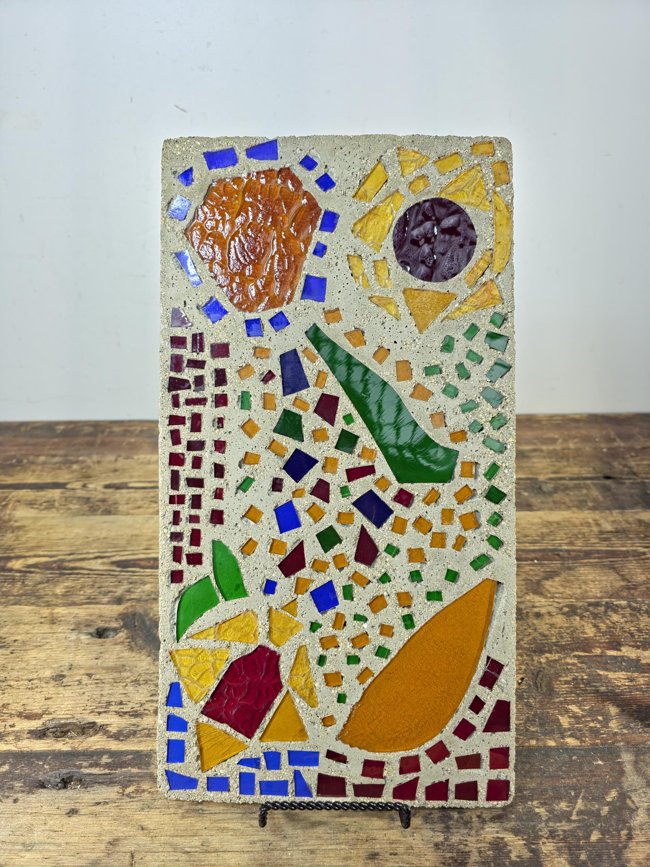 Glass Mosaic Art Tile Mid Century Style Abstract Colorful Wall Plaque 16.25" L × 9" W 7.2lb.