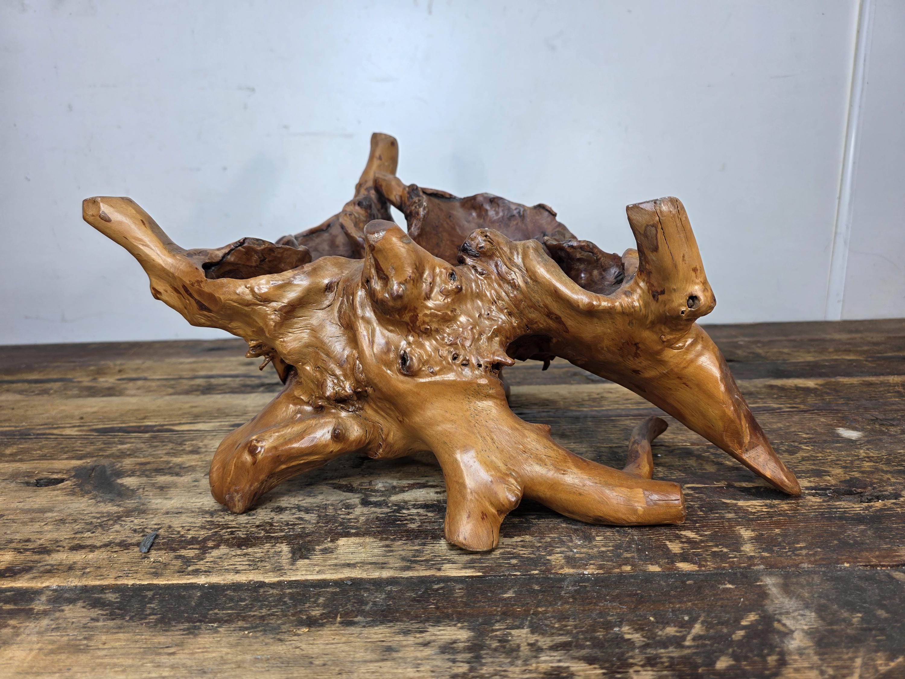 Vintage Hand-Carved Burl Wood Root Bowl / Sculpture — Natural Freeform 17" x 11"