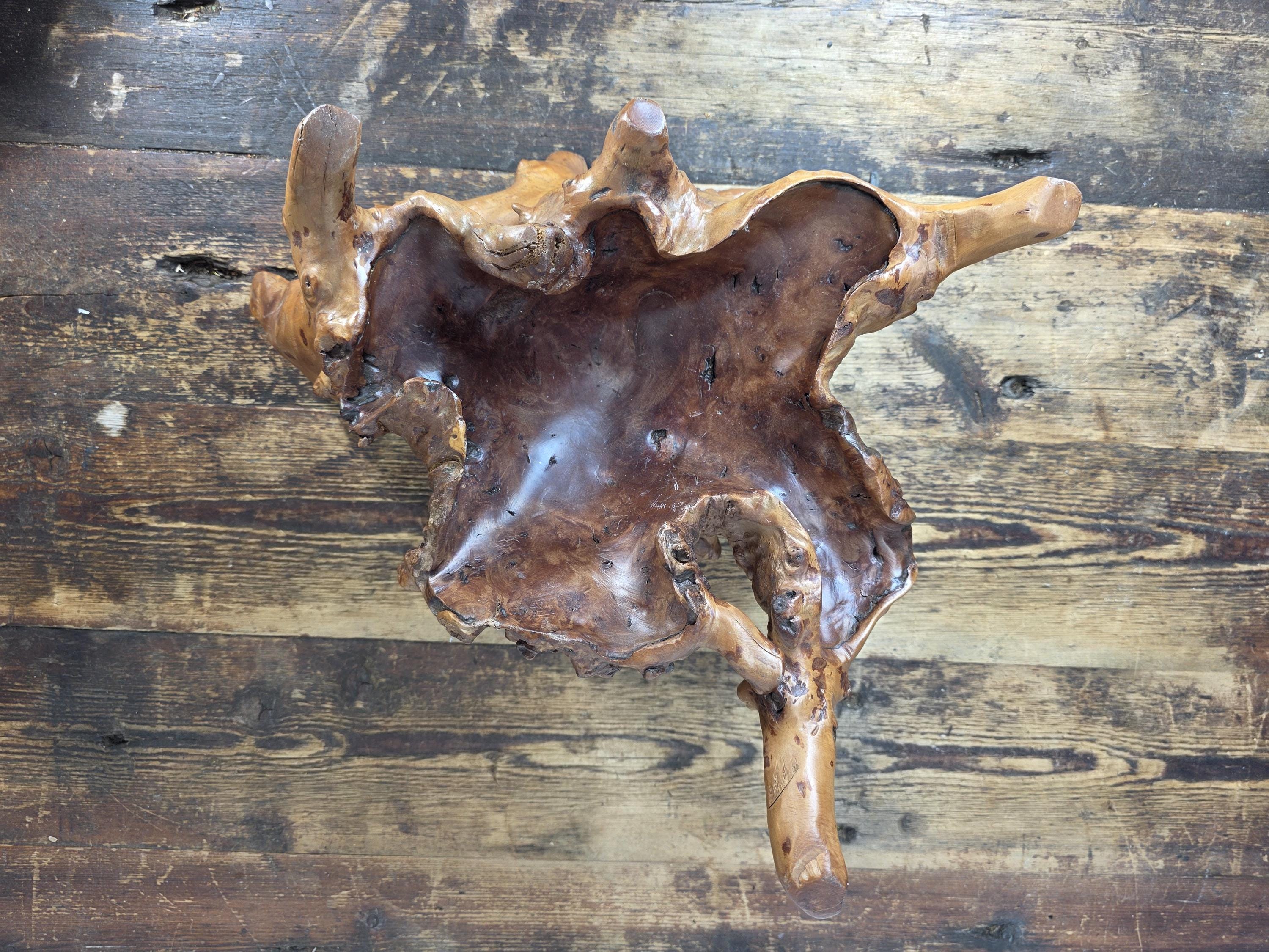 Vintage Hand-Carved Burl Wood Root Bowl / Sculpture — Natural Freeform 17" x 11"