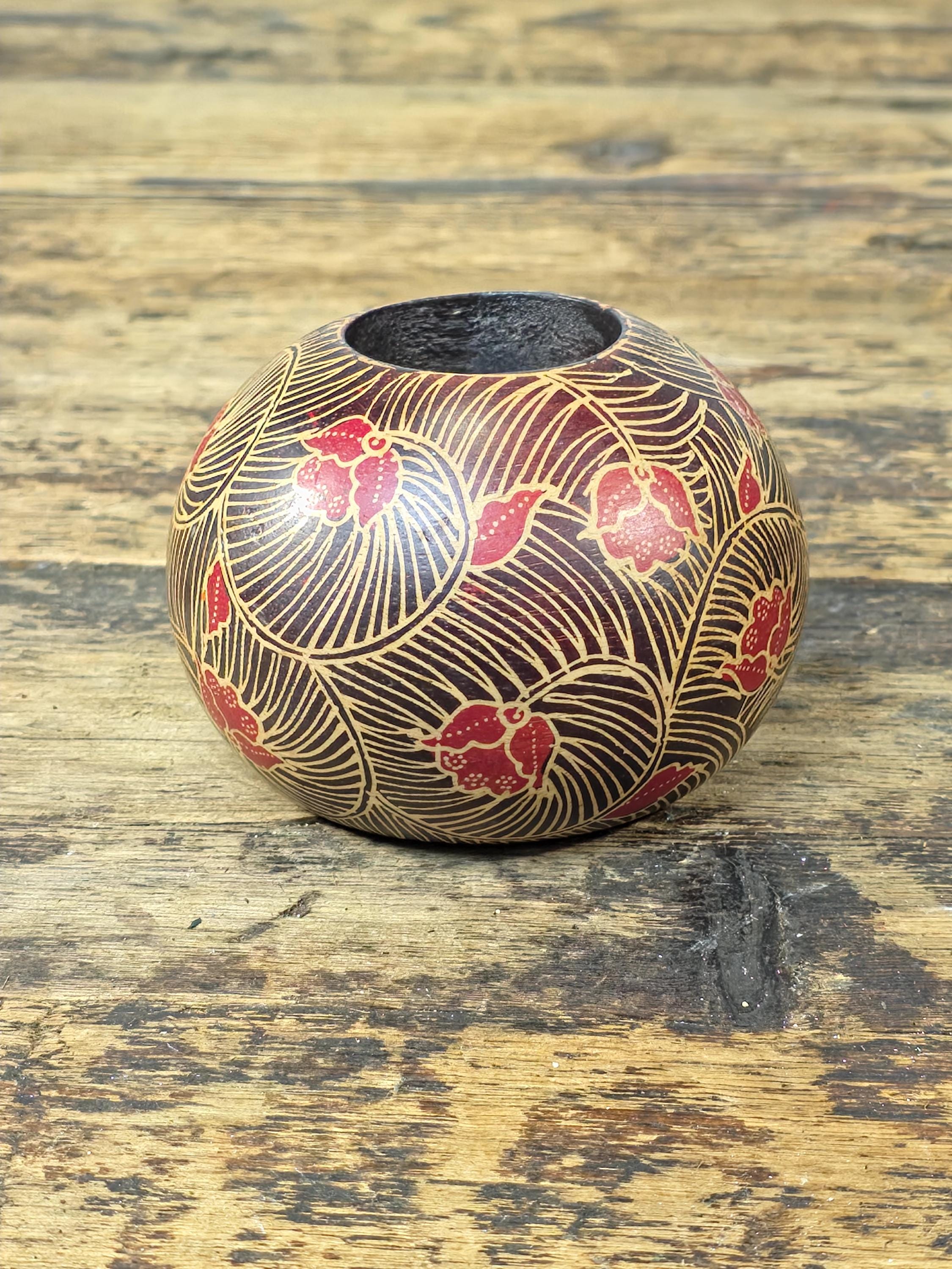 Wooden Votive Candle Holder – Red & Flesh-Tone Floral Design Asian / Boho Decor