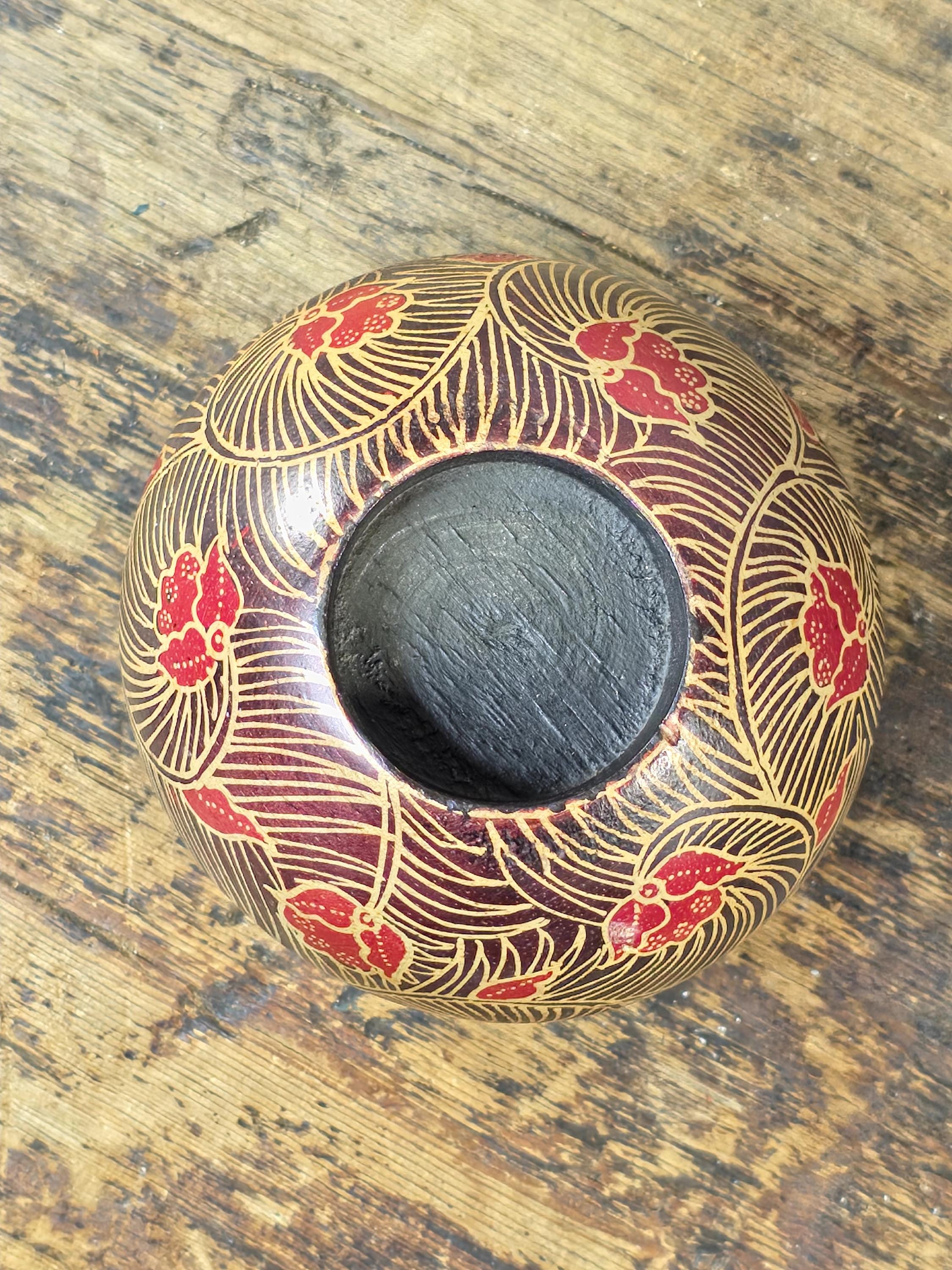 Wooden Votive Candle Holder – Red & Flesh-Tone Floral Design Asian / Boho Decor