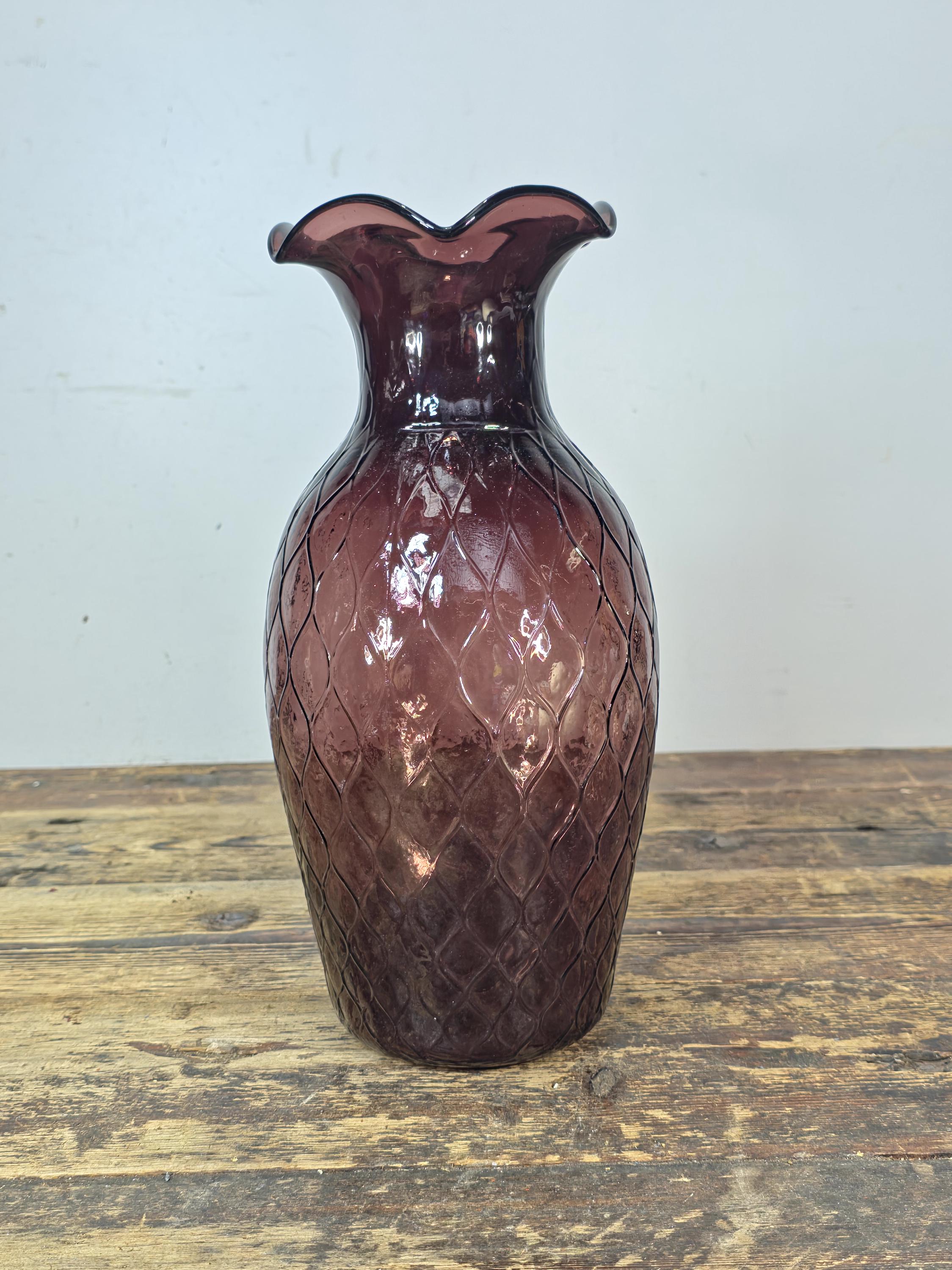 Mid-Century Amethyst Diamond Optic Glass Vase 12.5" — Empoli Style Hand-Blown