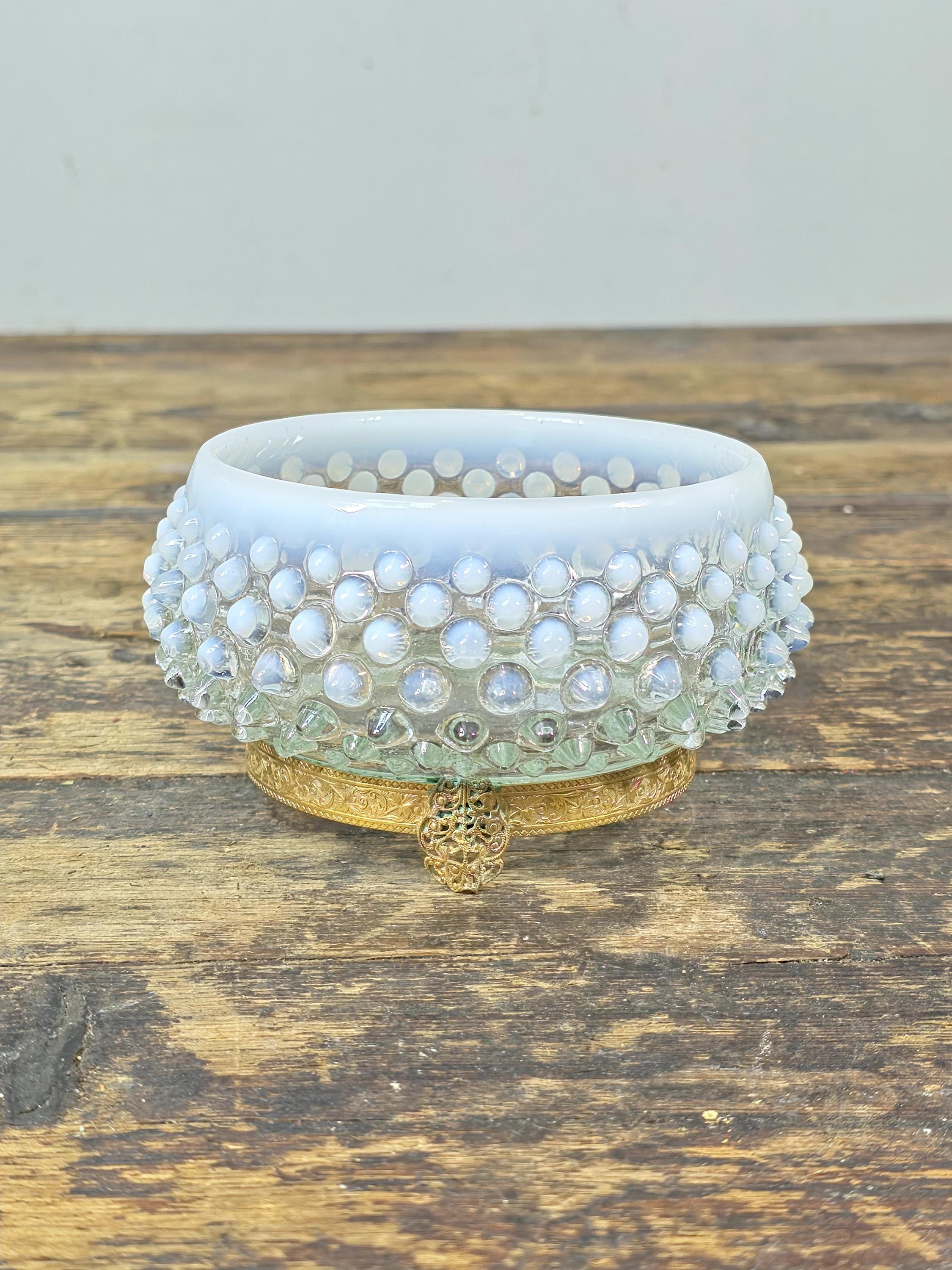 Vintage Opalescent Hobnail Glass Bowl with Fixed Ornate Brass Stand
