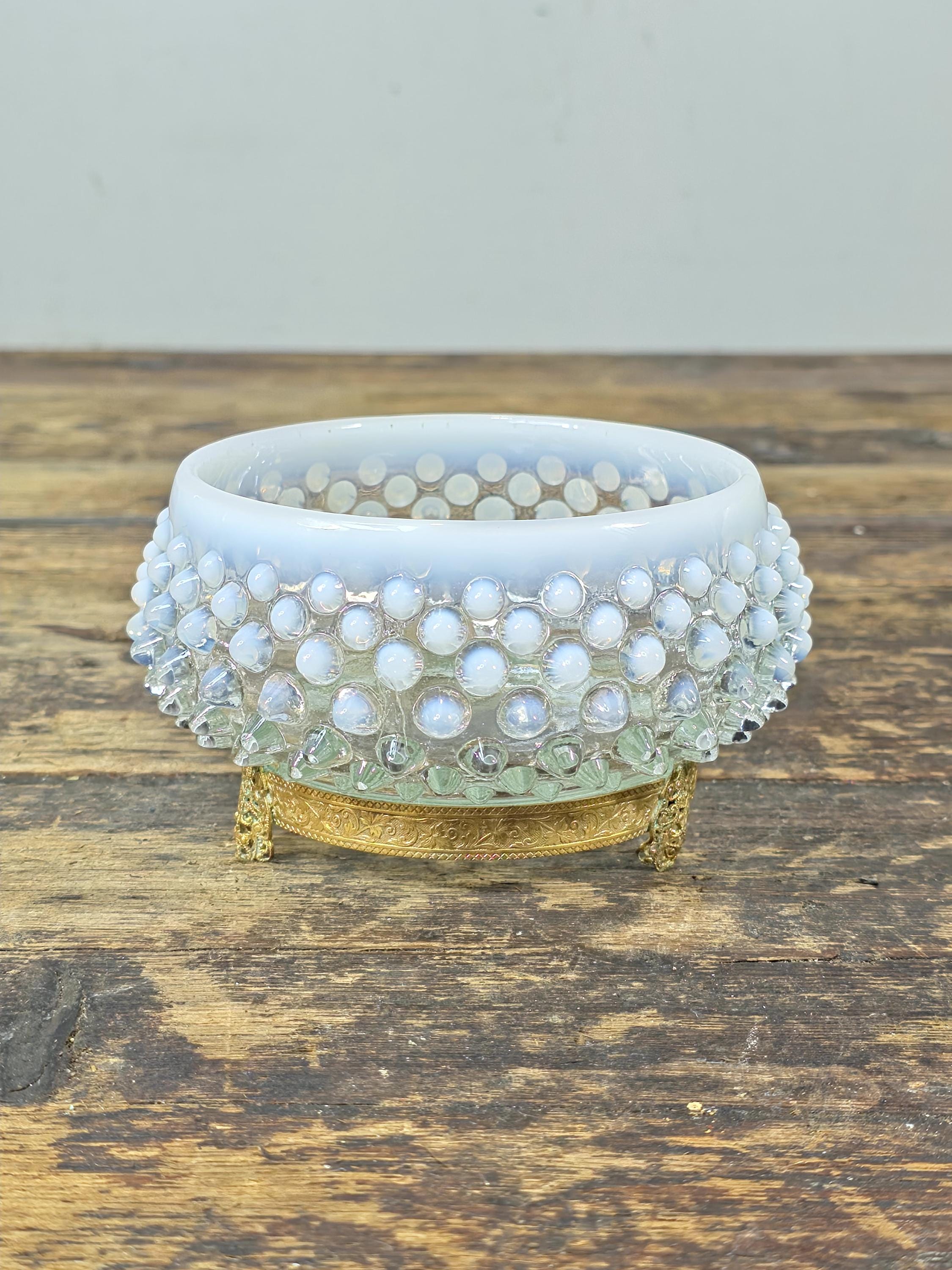 Vintage Opalescent Hobnail Glass Bowl with Fixed Ornate Brass Stand