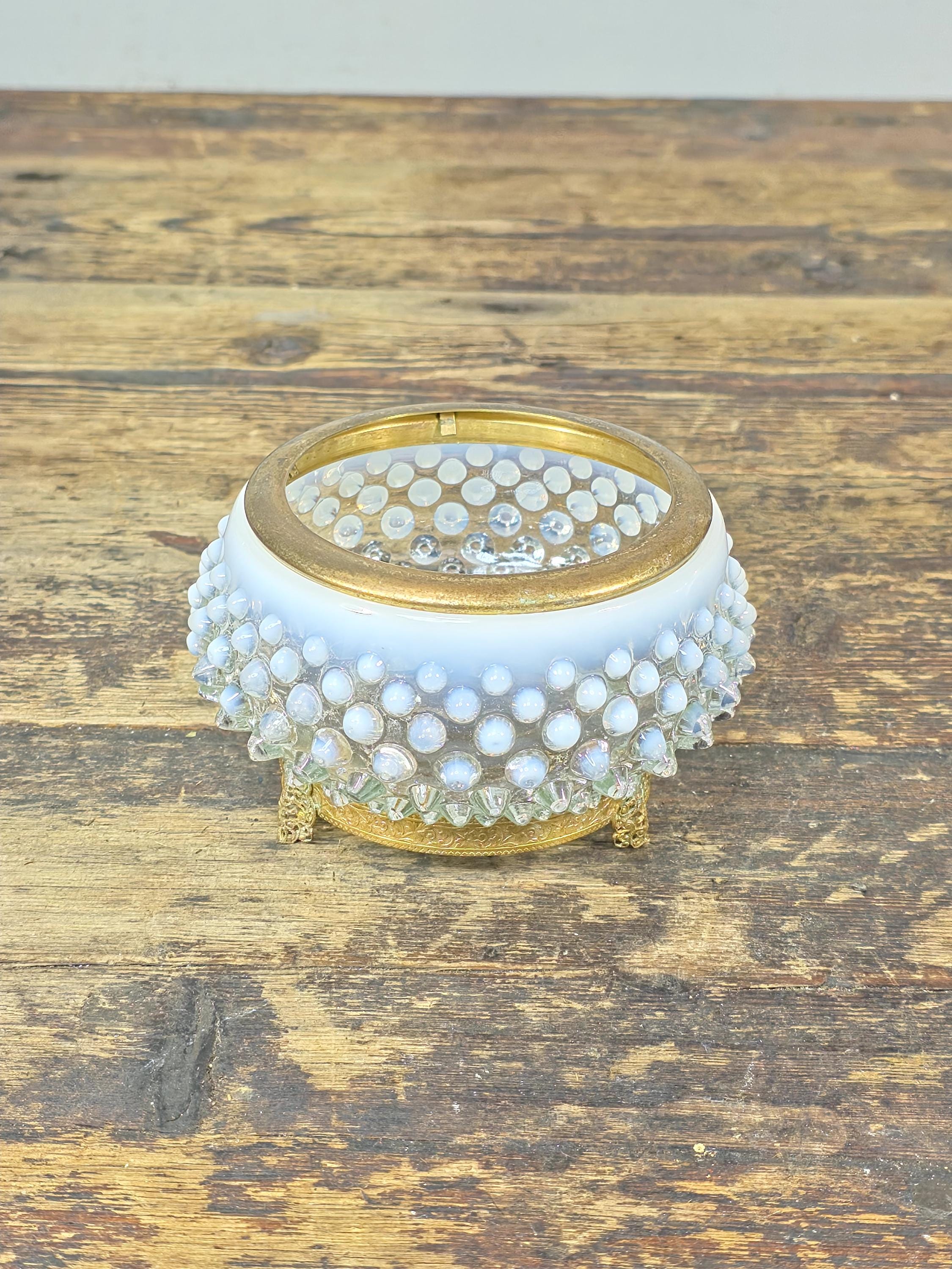 Vintage Opalescent Hobnail Glass Bowl with Fixed Ornate Brass Stand