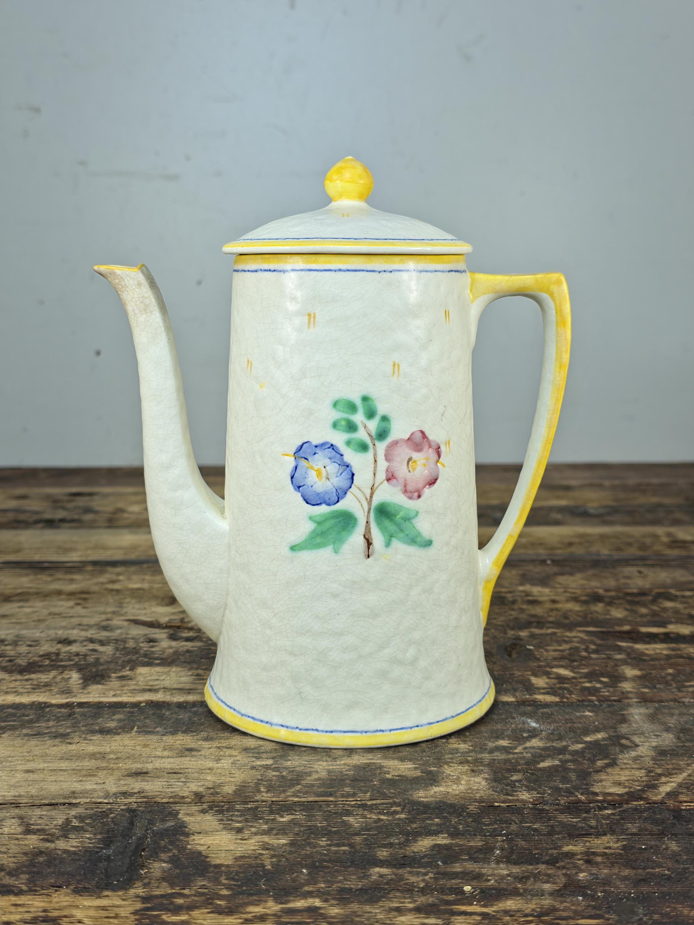 Crown Ducal Snow Glaze Coffee Pot 2lb Hand Painted Floral England Vintage