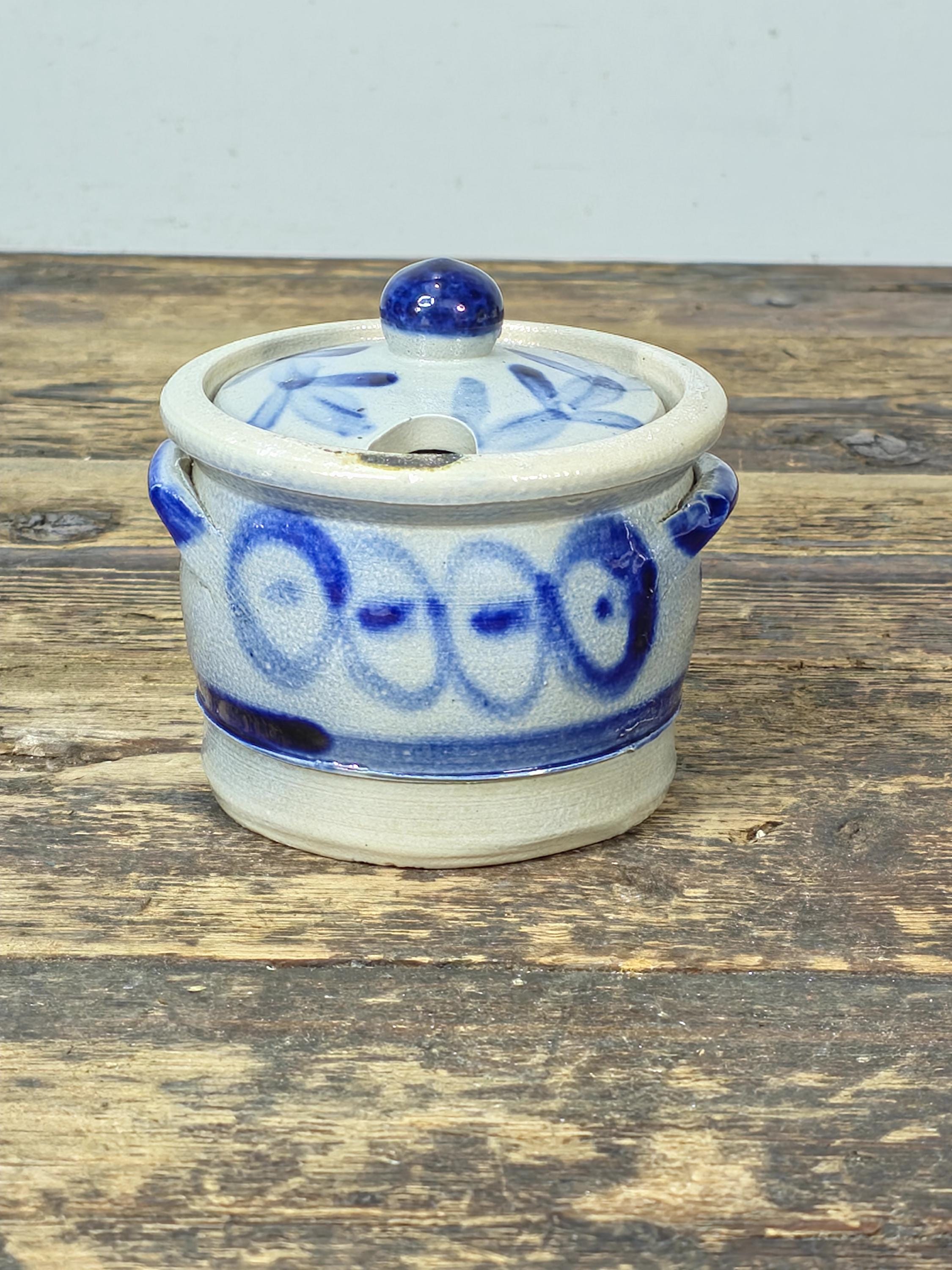 Small Blue & White Stoneware Crock with Lid – Hand Painted Folk Pottery 4" Jar