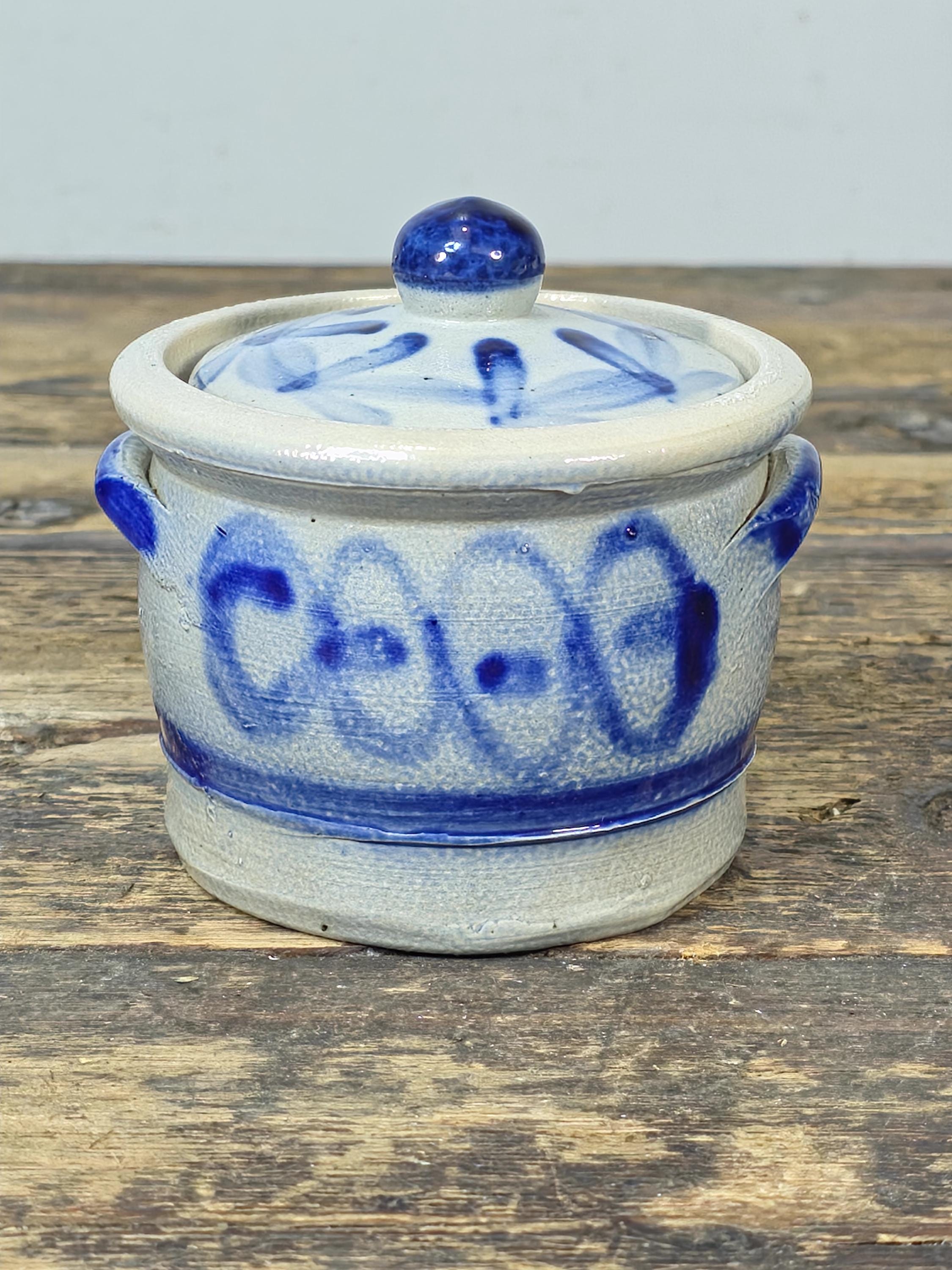 Small Blue & White Stoneware Crock with Lid – Hand Painted Folk Pottery 4" Jar
