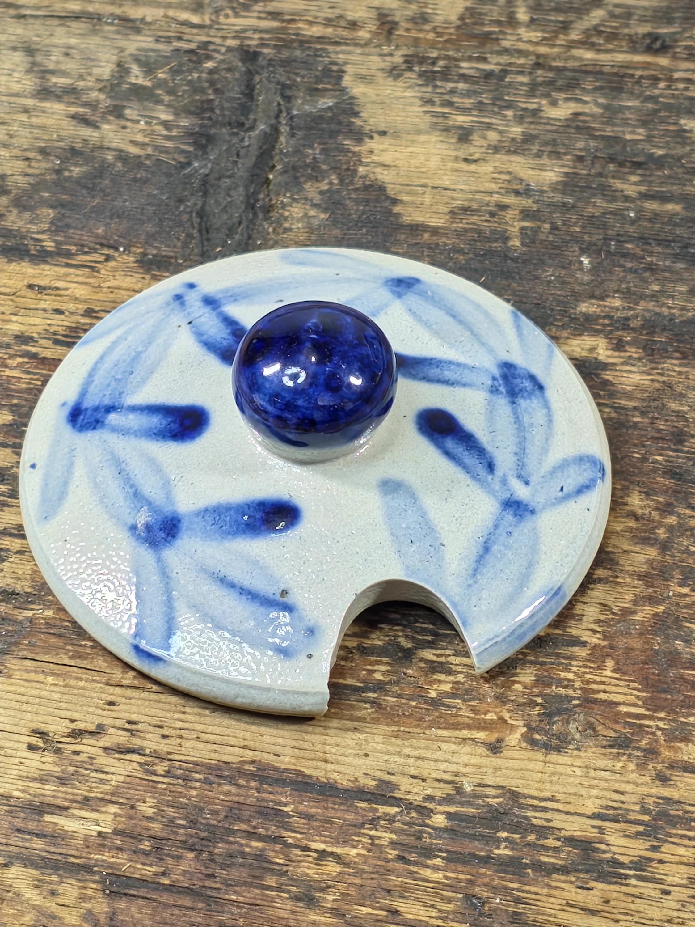 Small Blue & White Stoneware Crock with Lid – Hand Painted Folk Pottery 4" Jar