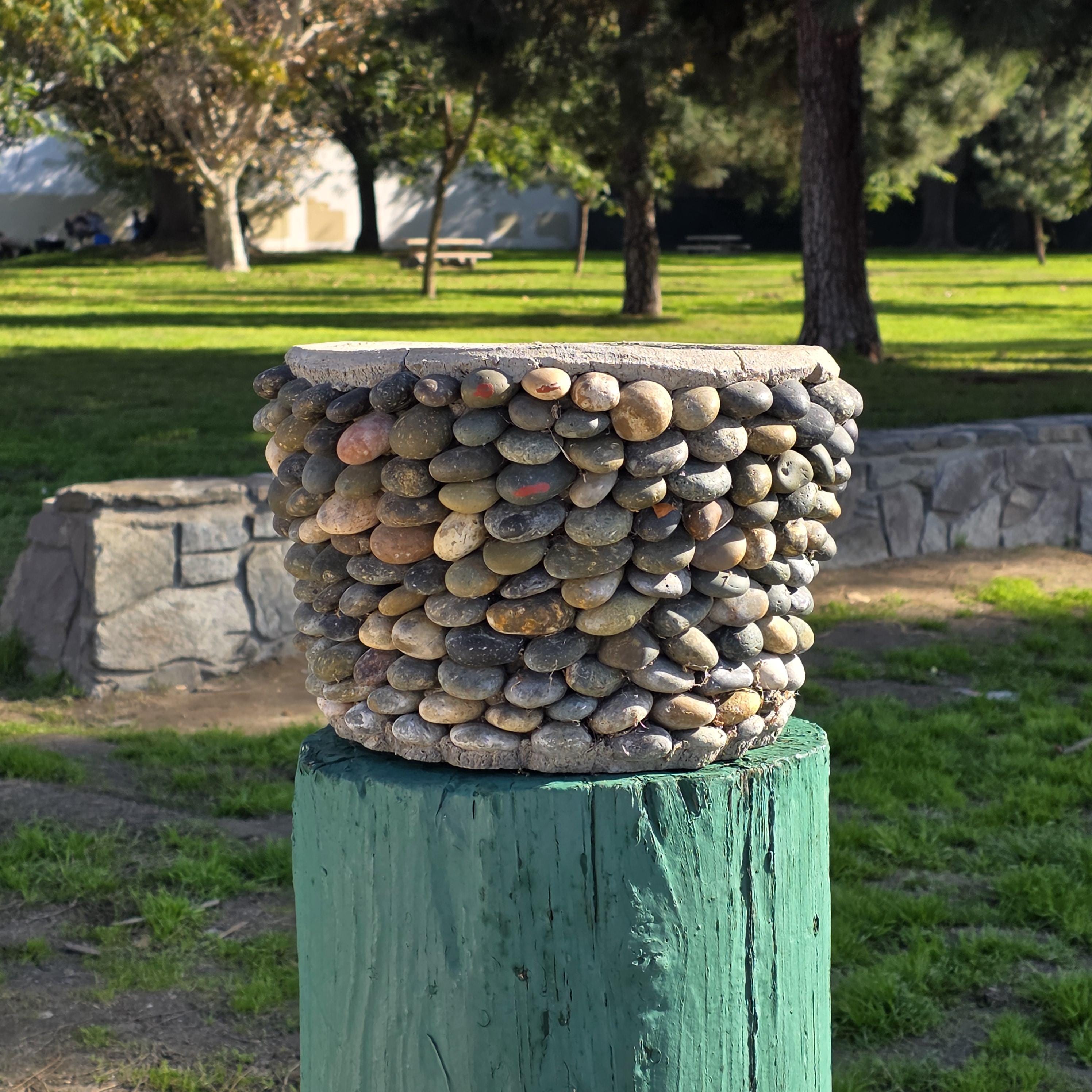 Vintage Hand-Made River Rock Concrete Planter – 13"Dia x 8.75"H - Heavy 43lb.