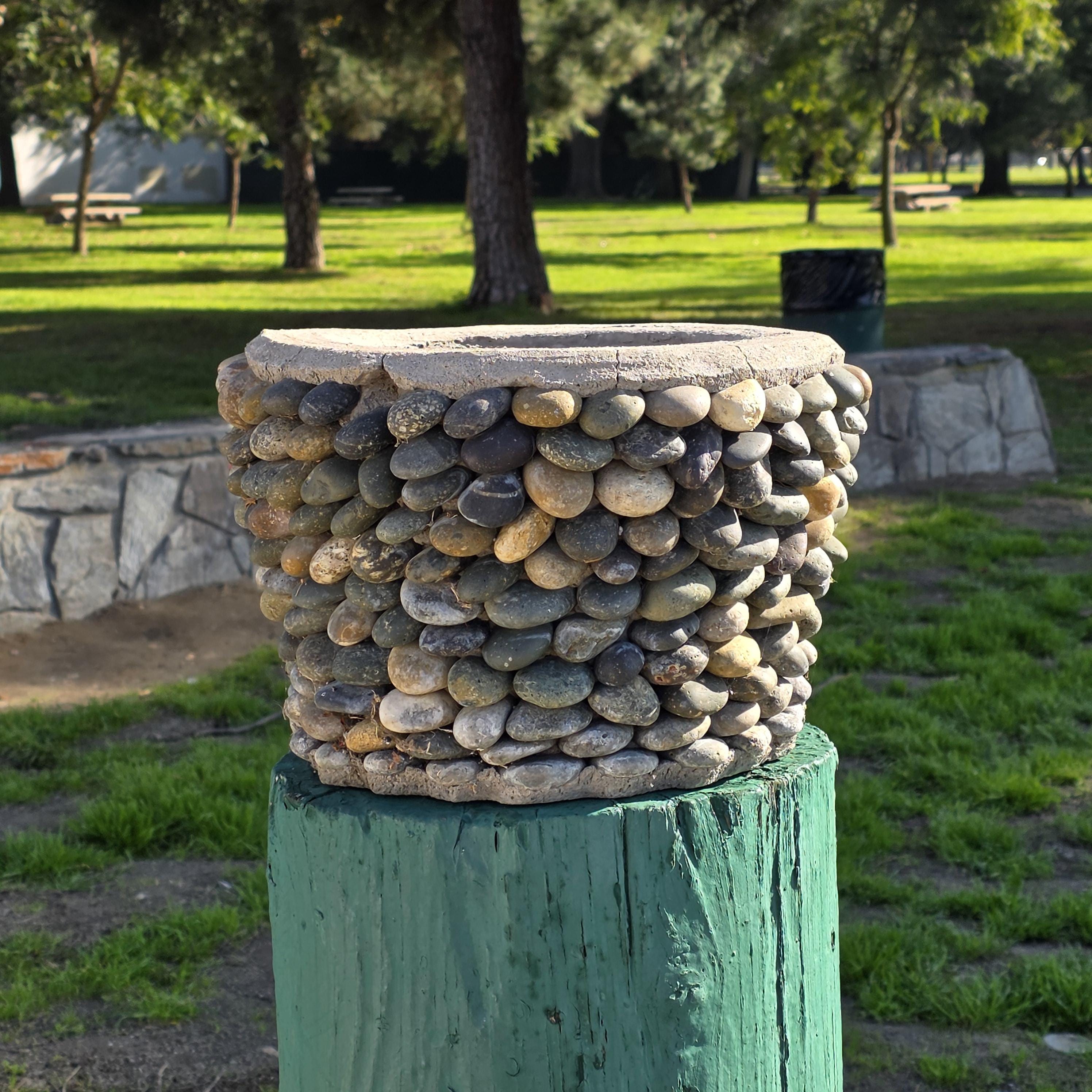 Vintage Hand-Made River Rock Concrete Planter – 13"Dia x 8.75"H - Heavy 43lb.