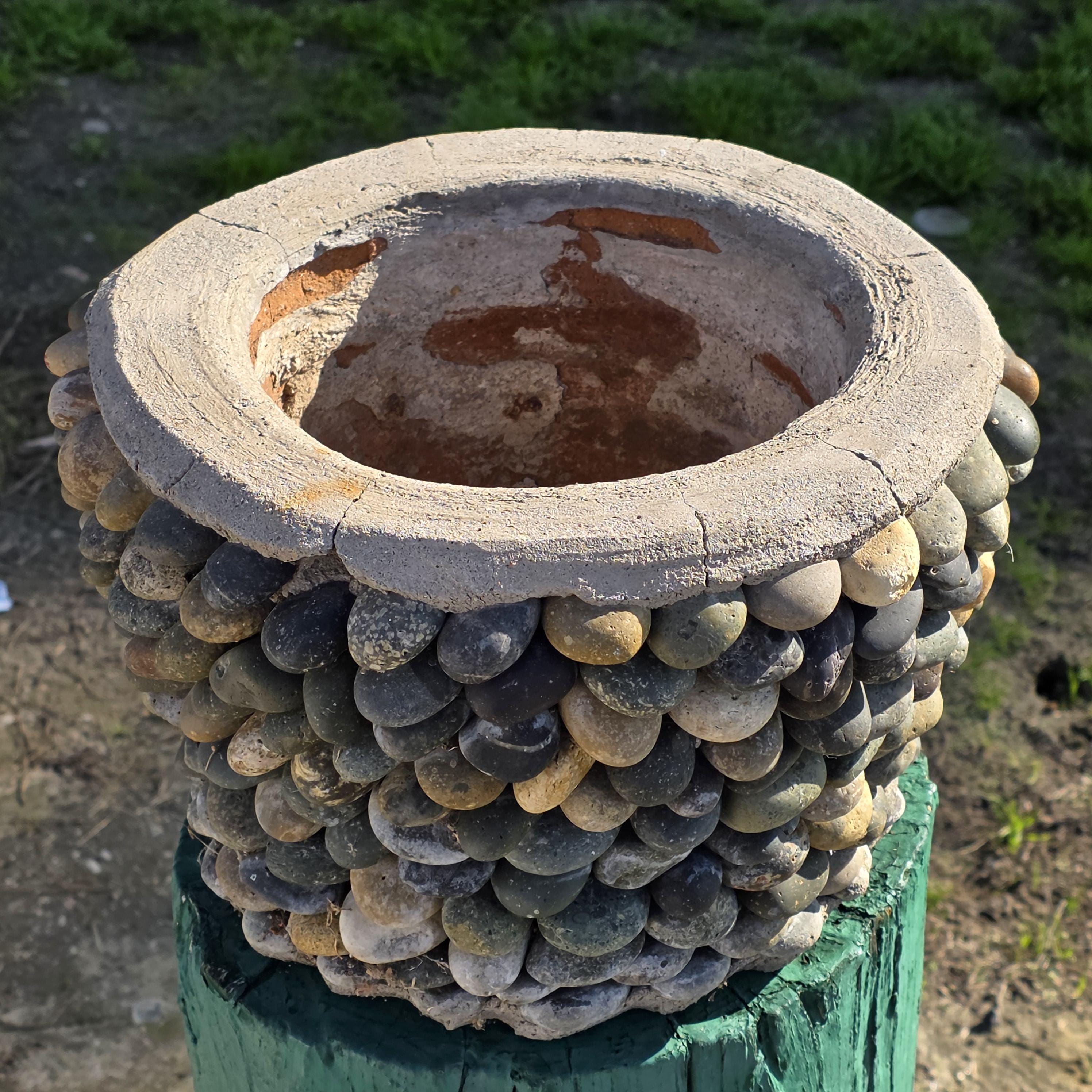 Vintage Hand-Made River Rock Concrete Planter – 13"Dia x 8.75"H - Heavy 43lb.