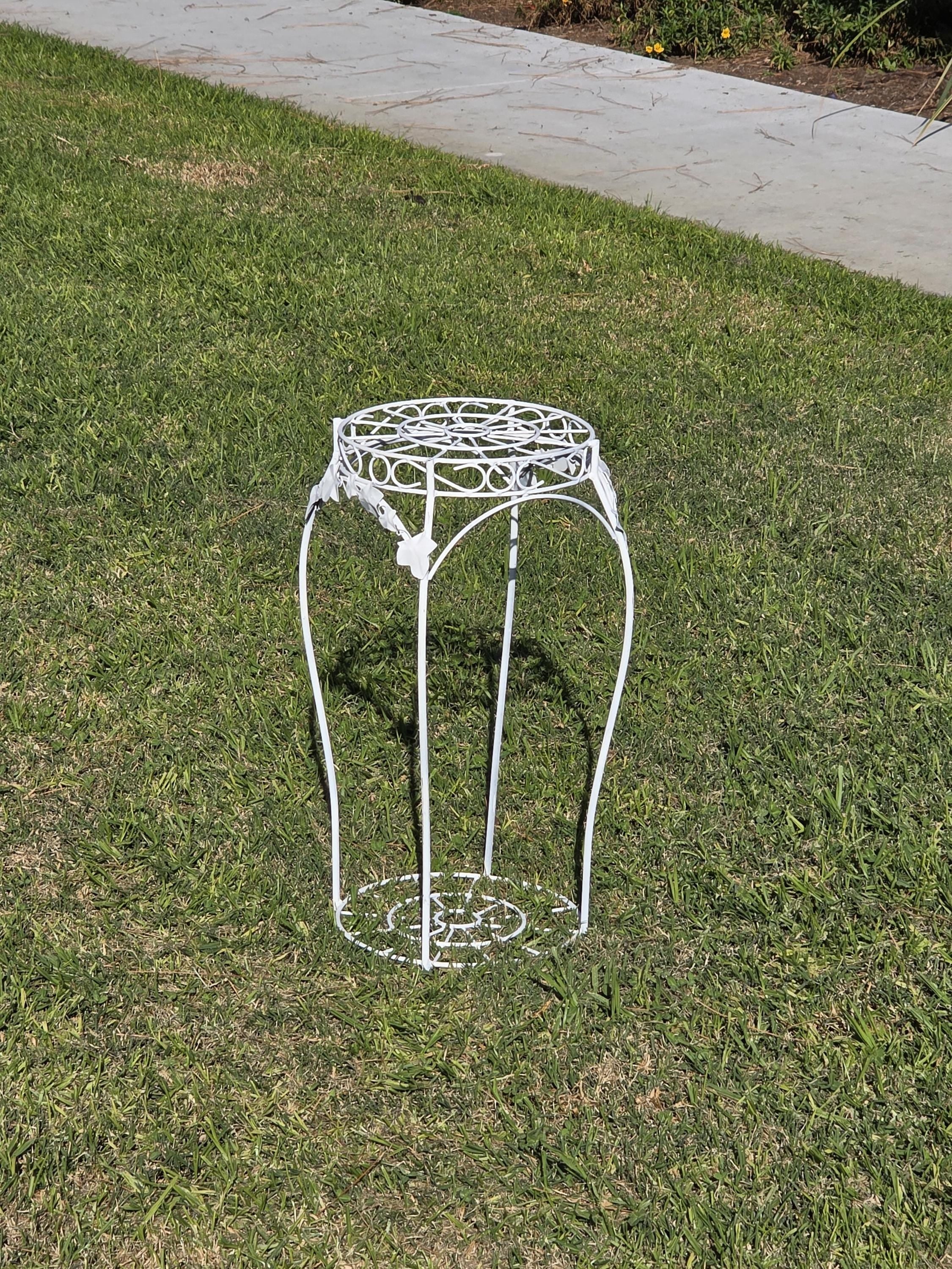 On Hold/ Vintage White Wire Metal Plant Stand with Ivy Accents – 22"H