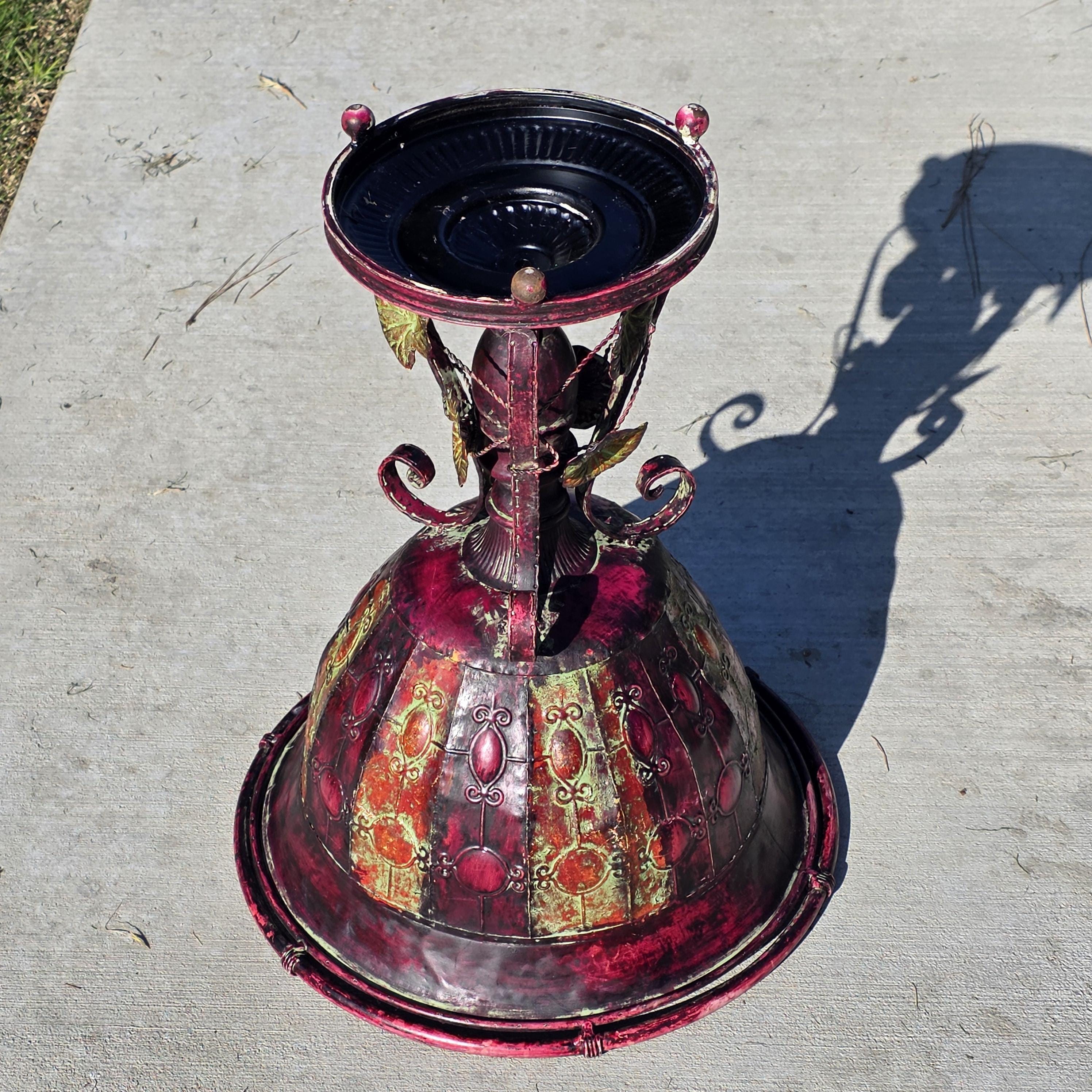 Ornate Metal Pedestal Planter Large 17.5"Dia Urn Stand w/ Red & Gold Patina