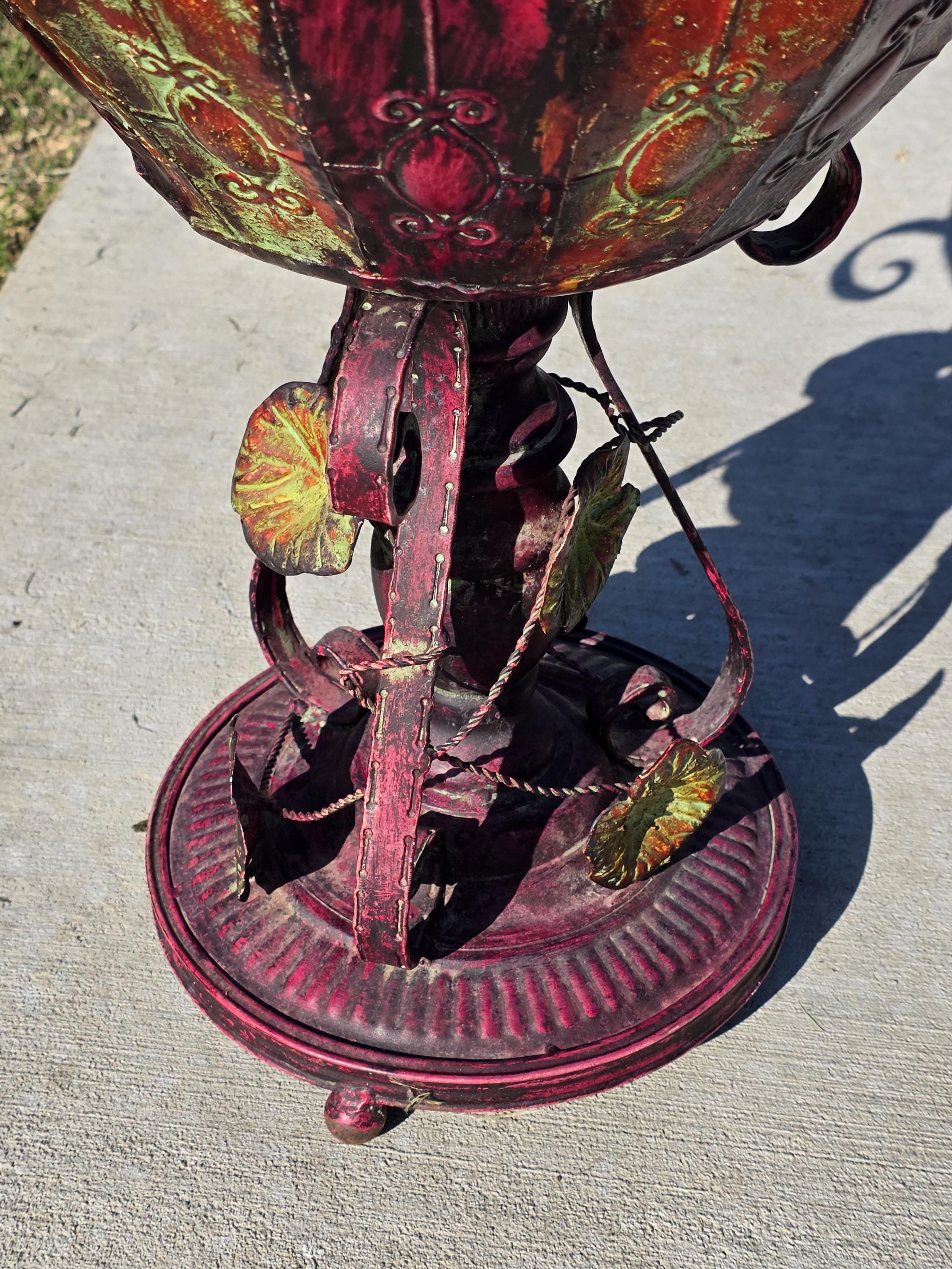 Ornate Metal Pedestal Planter Large 17.5"Dia Urn Stand w/ Red & Gold Patina