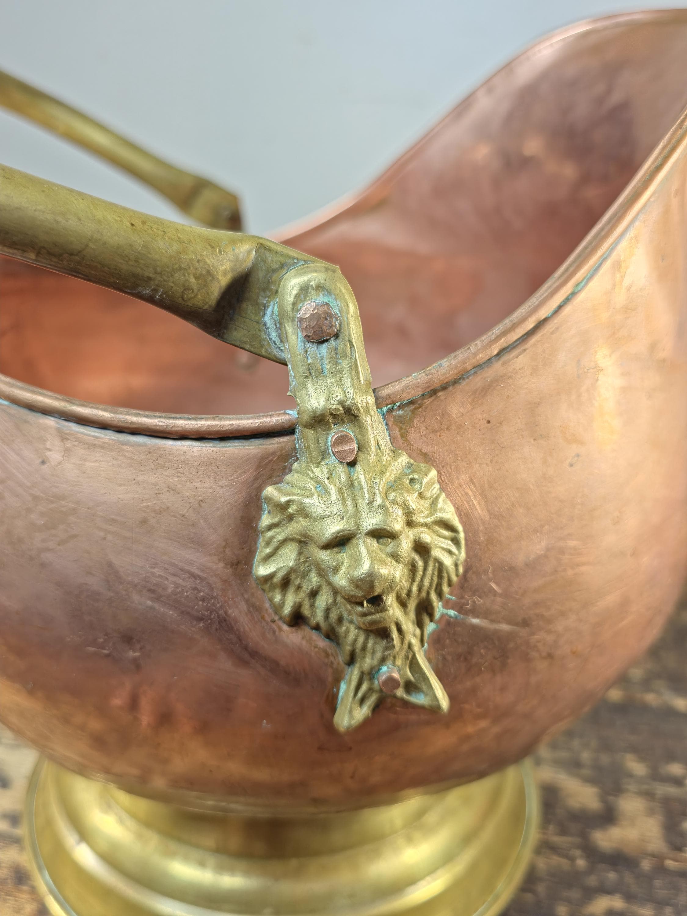 Vintage Copper & Brass Coal Scuttle w/ Delft-Style Ceramic Handles and Lion Heads