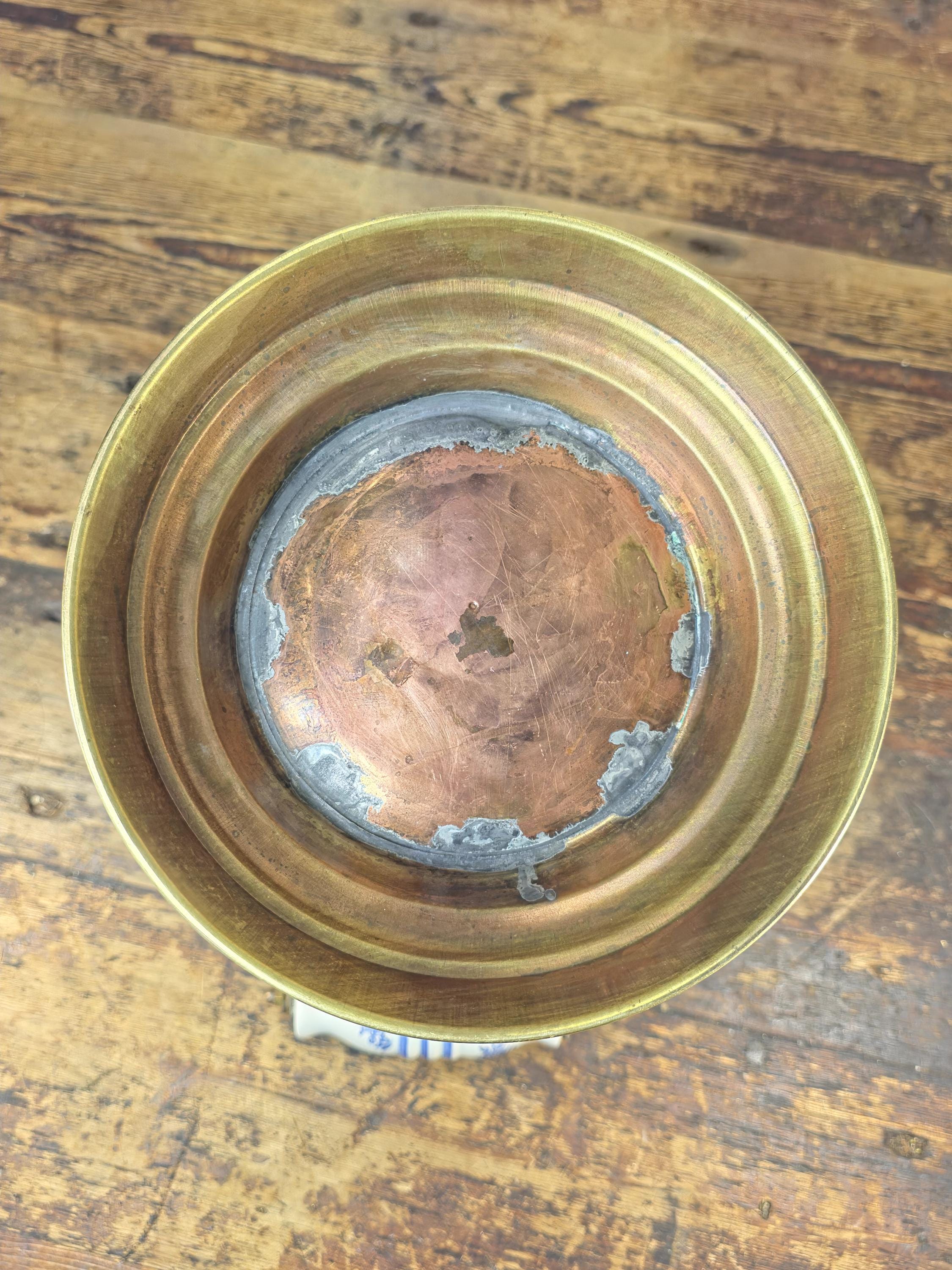 Vintage Copper & Brass Coal Scuttle w/ Delft-Style Ceramic Handles and Lion Heads
