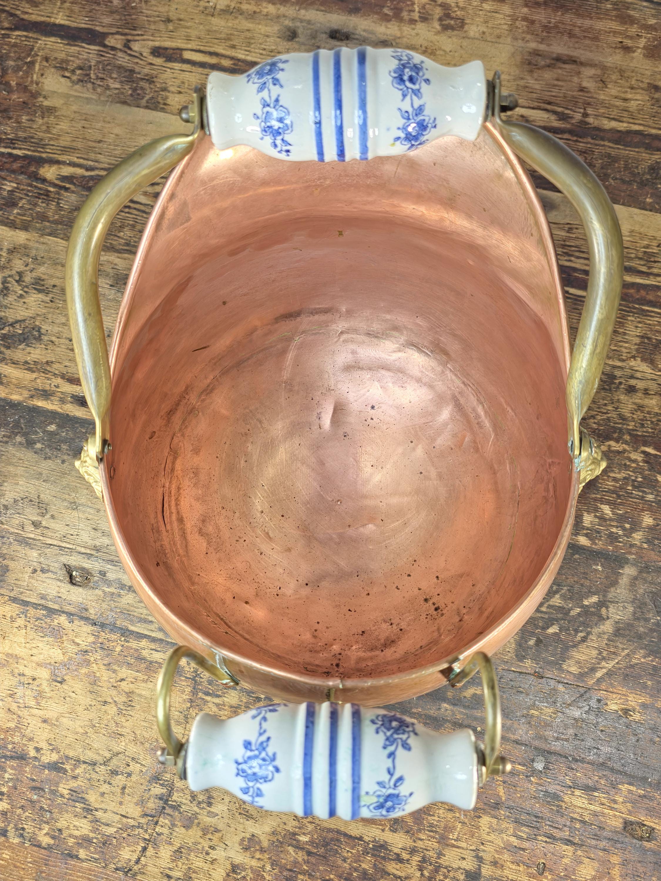 Vintage Copper & Brass Coal Scuttle w/ Delft-Style Ceramic Handles and Lion Heads
