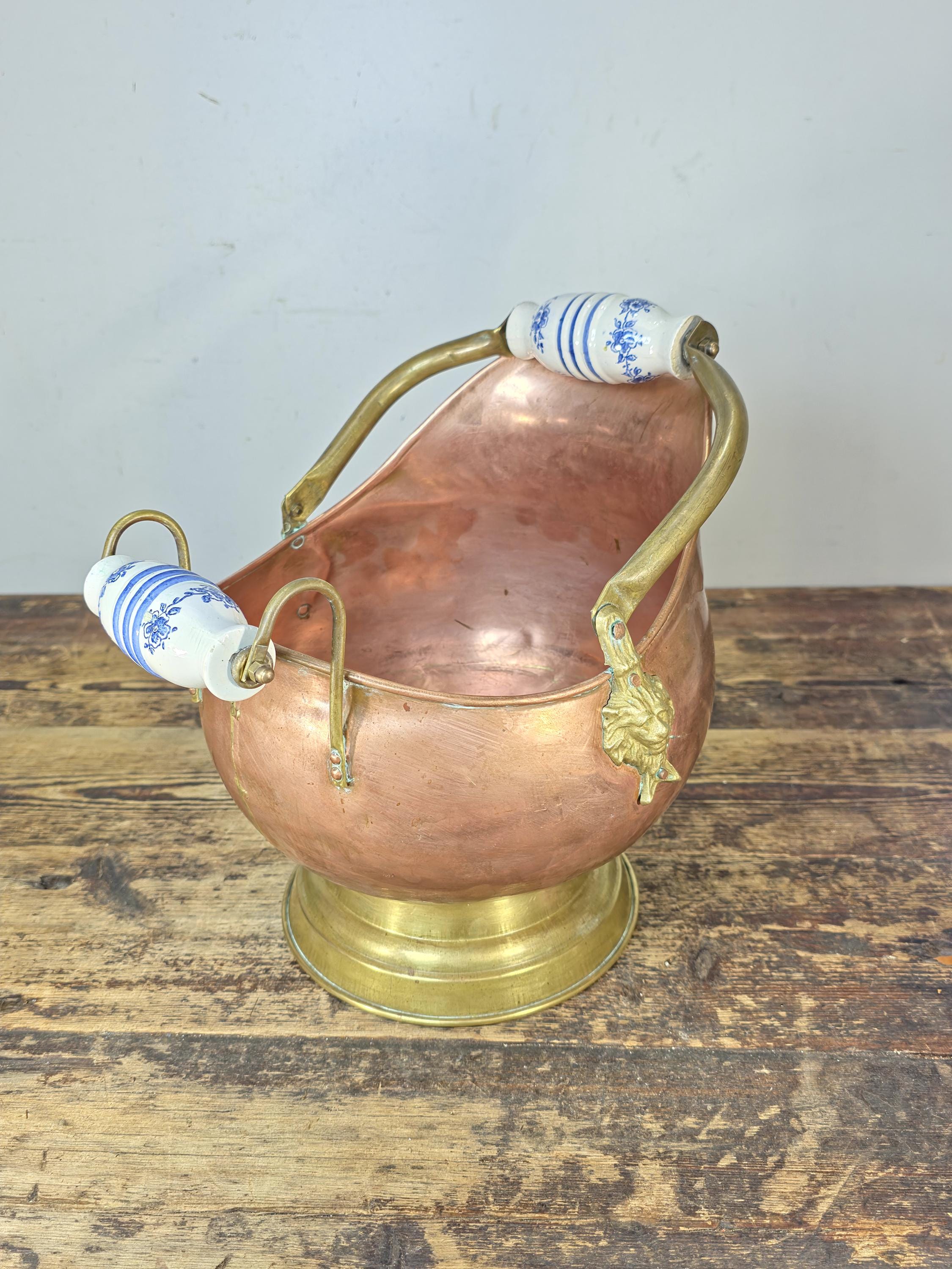 Vintage Copper & Brass Coal Scuttle w/ Delft-Style Ceramic Handles and Lion Heads