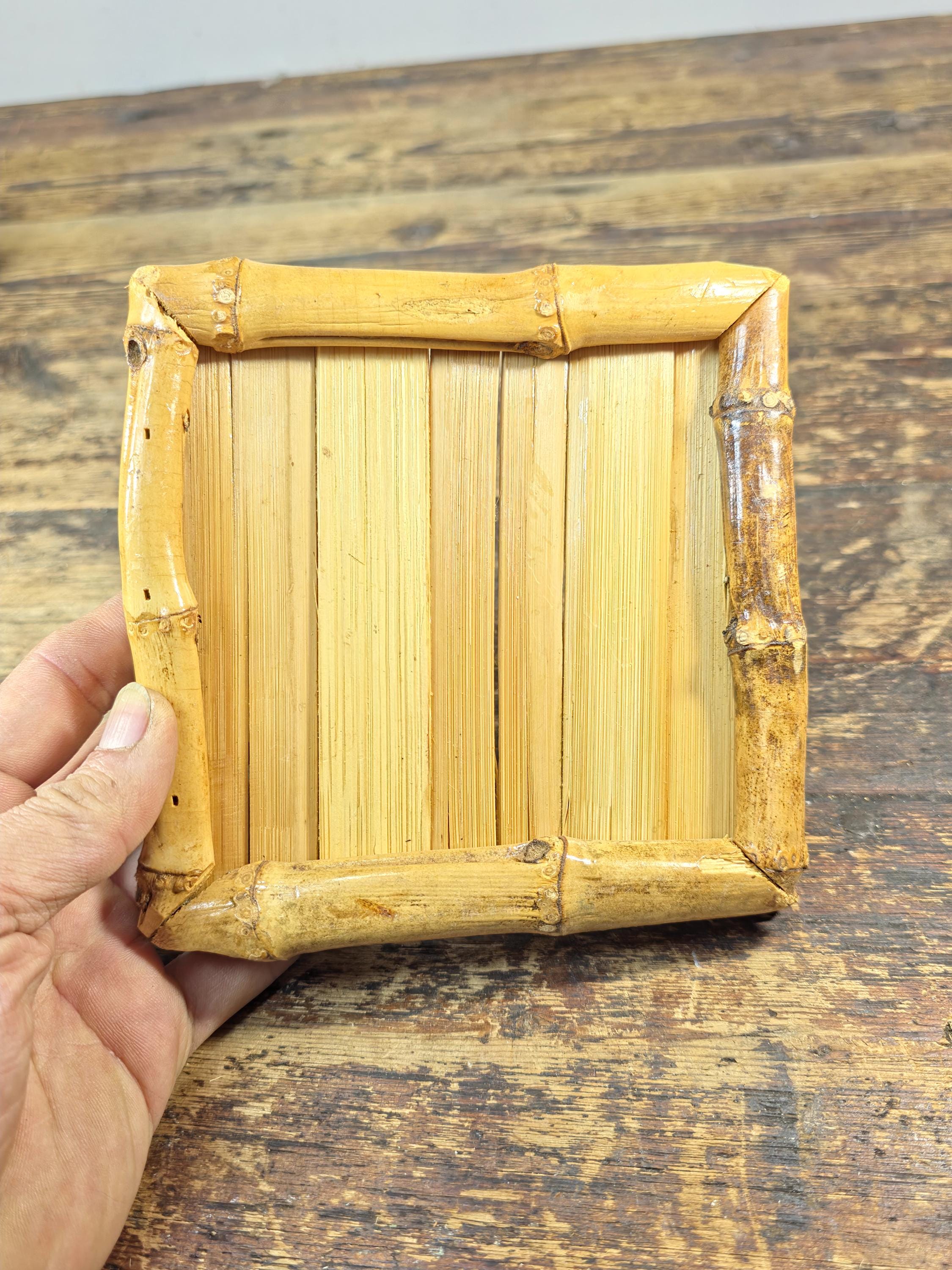 Vintage Handmade Bamboo Square Tray – 5.5" Natural Display Stand / Coaster