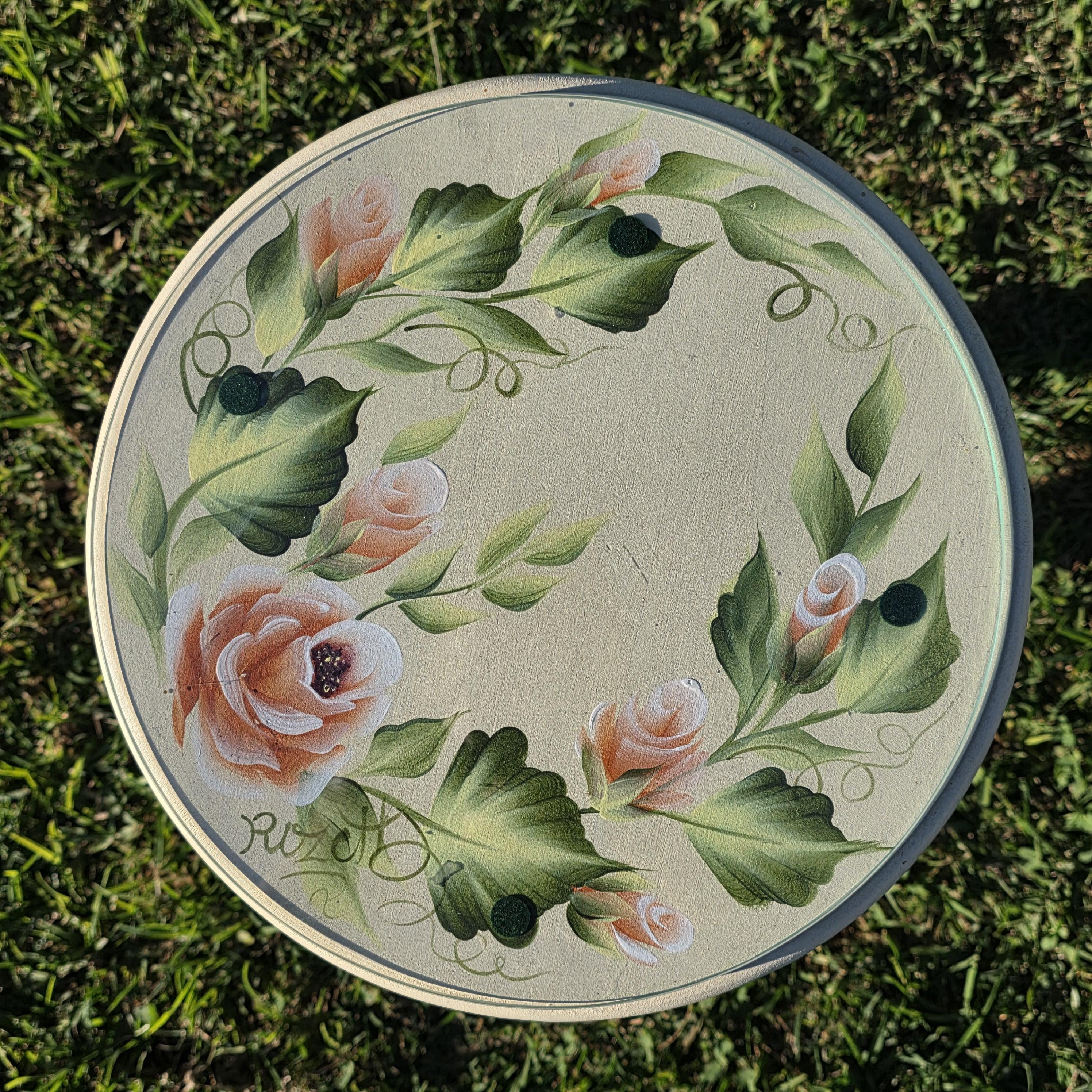 Hand Painted Floral Accent Table Signed Rosetta w/ Glass Top 22"