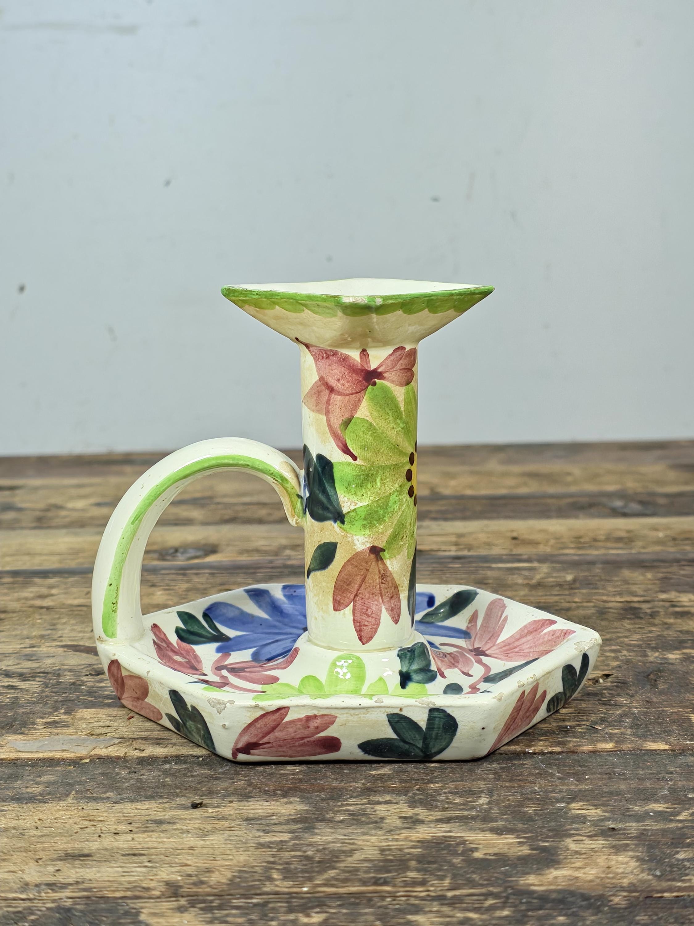 Vintage SMF Schramberg Handpainted Floral Chamberstick Candle Holder Germany