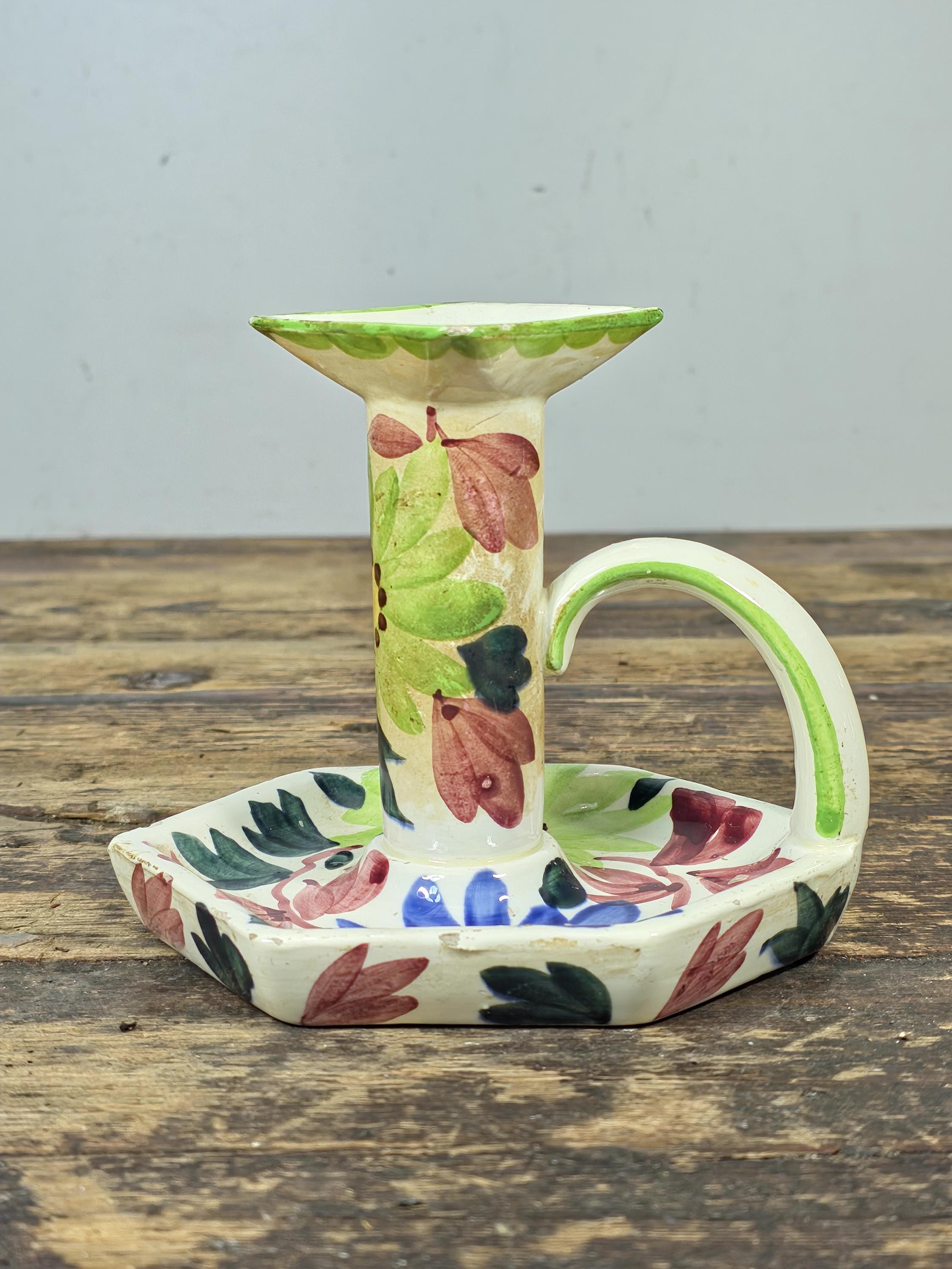 Vintage SMF Schramberg Handpainted Floral Chamberstick Candle Holder Germany