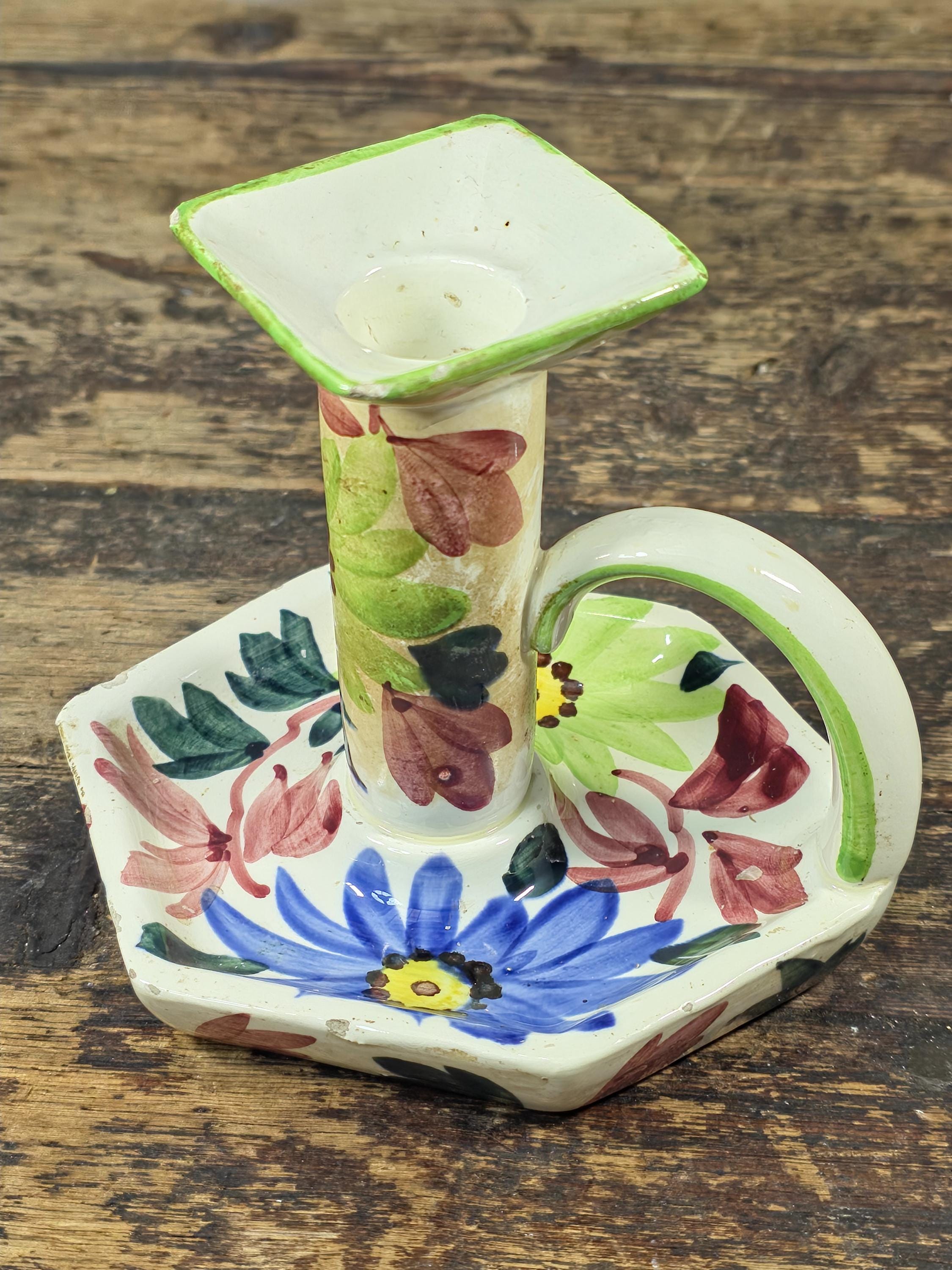 Vintage SMF Schramberg Handpainted Floral Chamberstick Candle Holder Germany