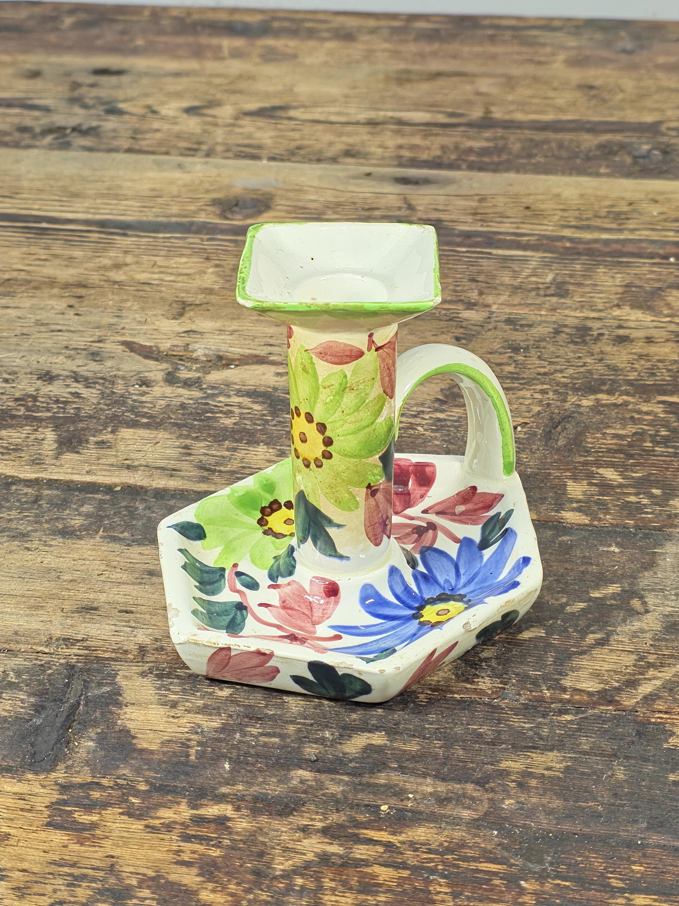 Vintage SMF Schramberg Handpainted Floral Chamberstick Candle Holder Germany