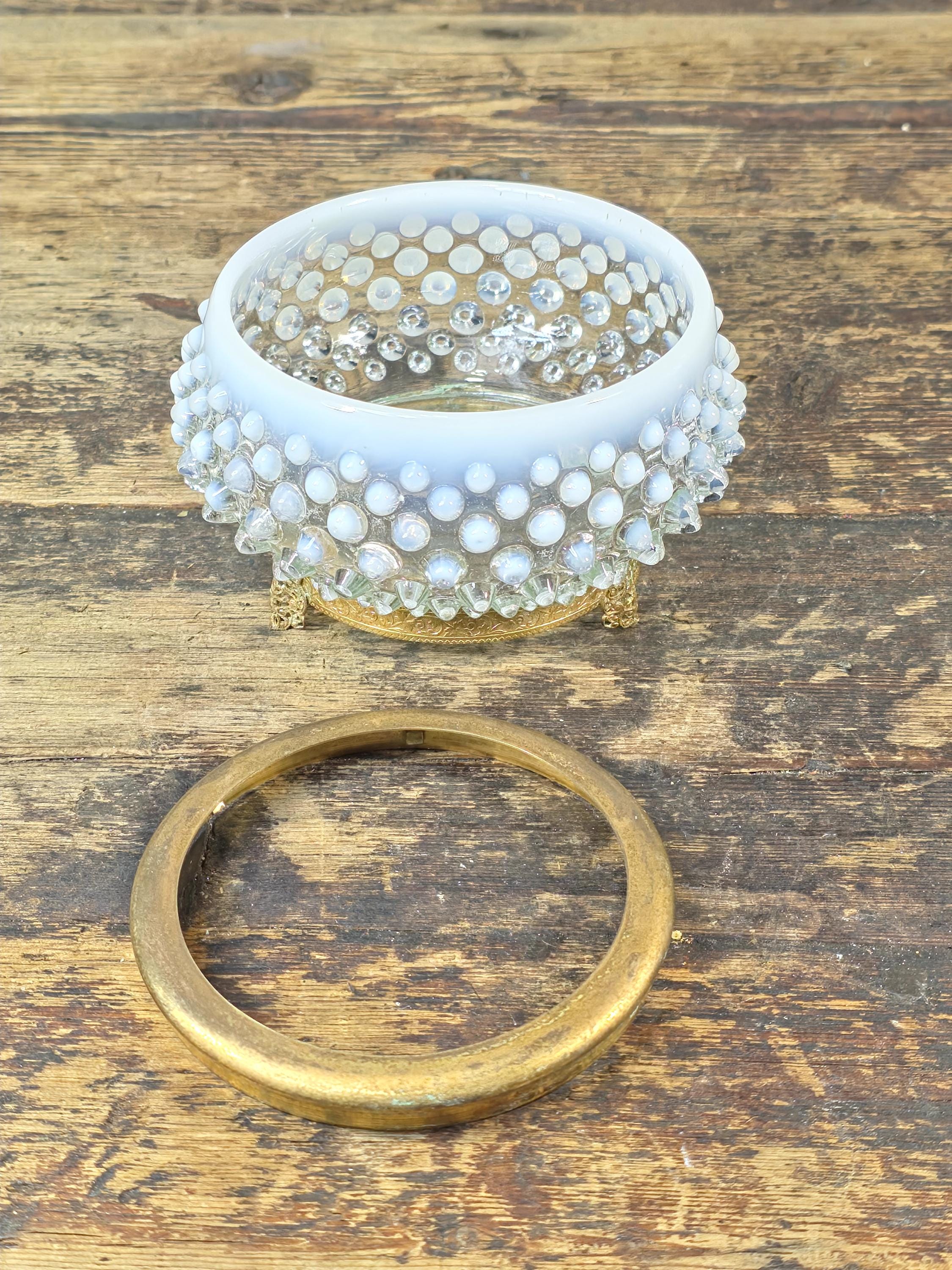 Vintage Opalescent Hobnail Glass Bowl with Fixed Ornate Brass Stand