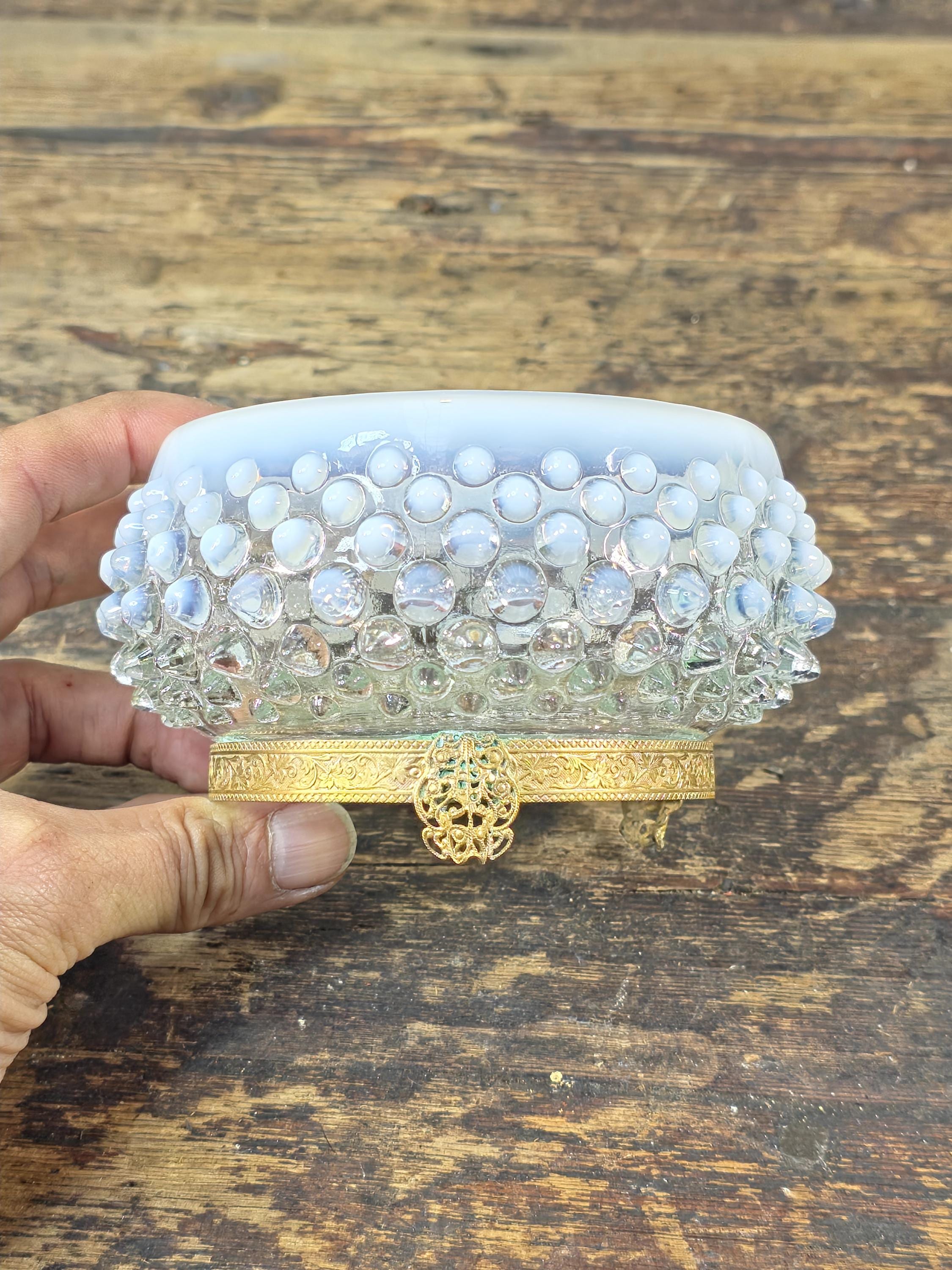 Vintage Opalescent Hobnail Glass Bowl with Fixed Ornate Brass Stand